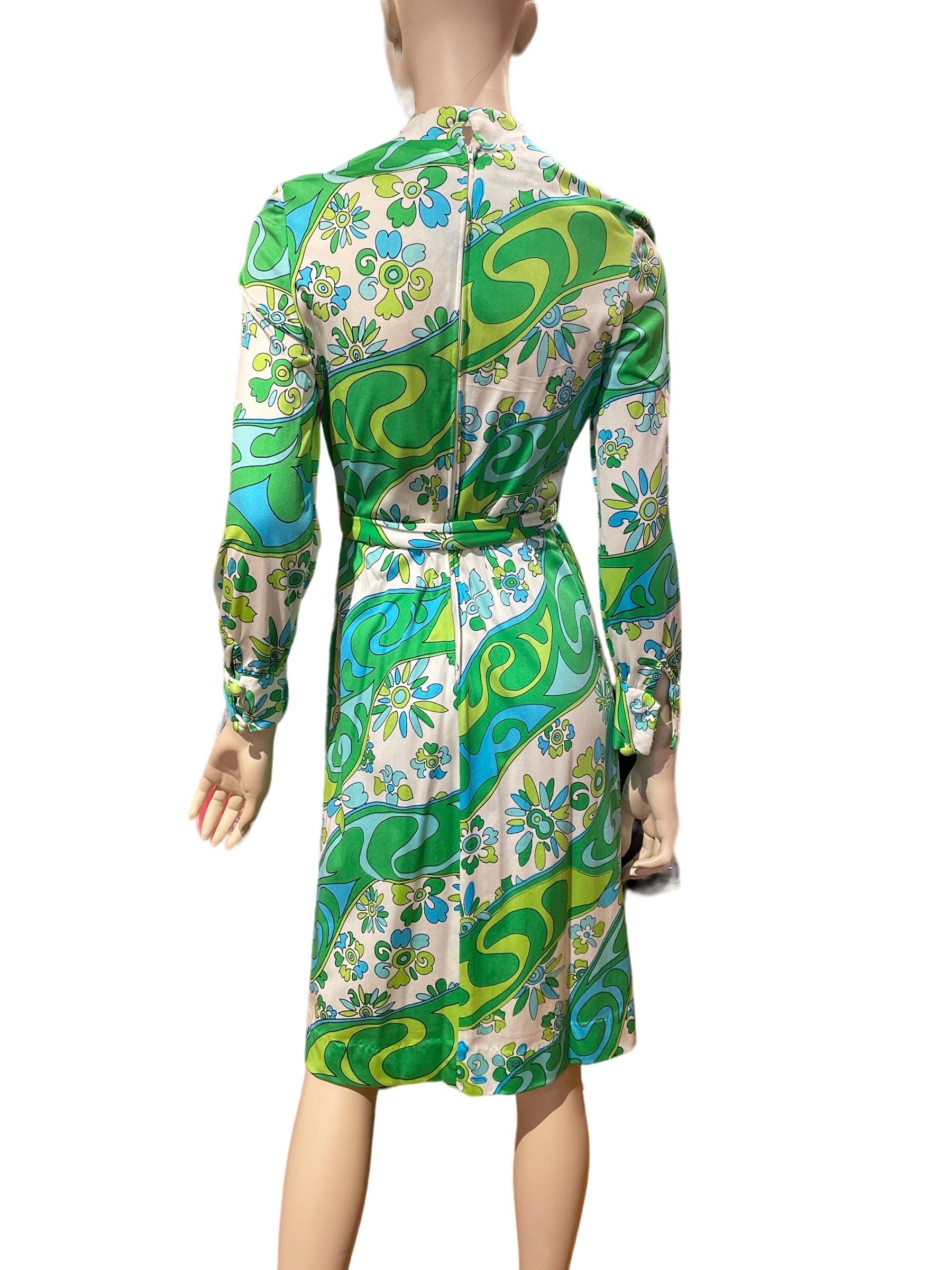 1960s Psychedelic Green, Blue & White Long Sleeve Midi Dress by “Anika”  In Good Condition In Greenport, NY