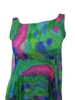 1960s Psychedelic Jerry Silverman Silk Low Back Mini Dress with Organza Overlay
