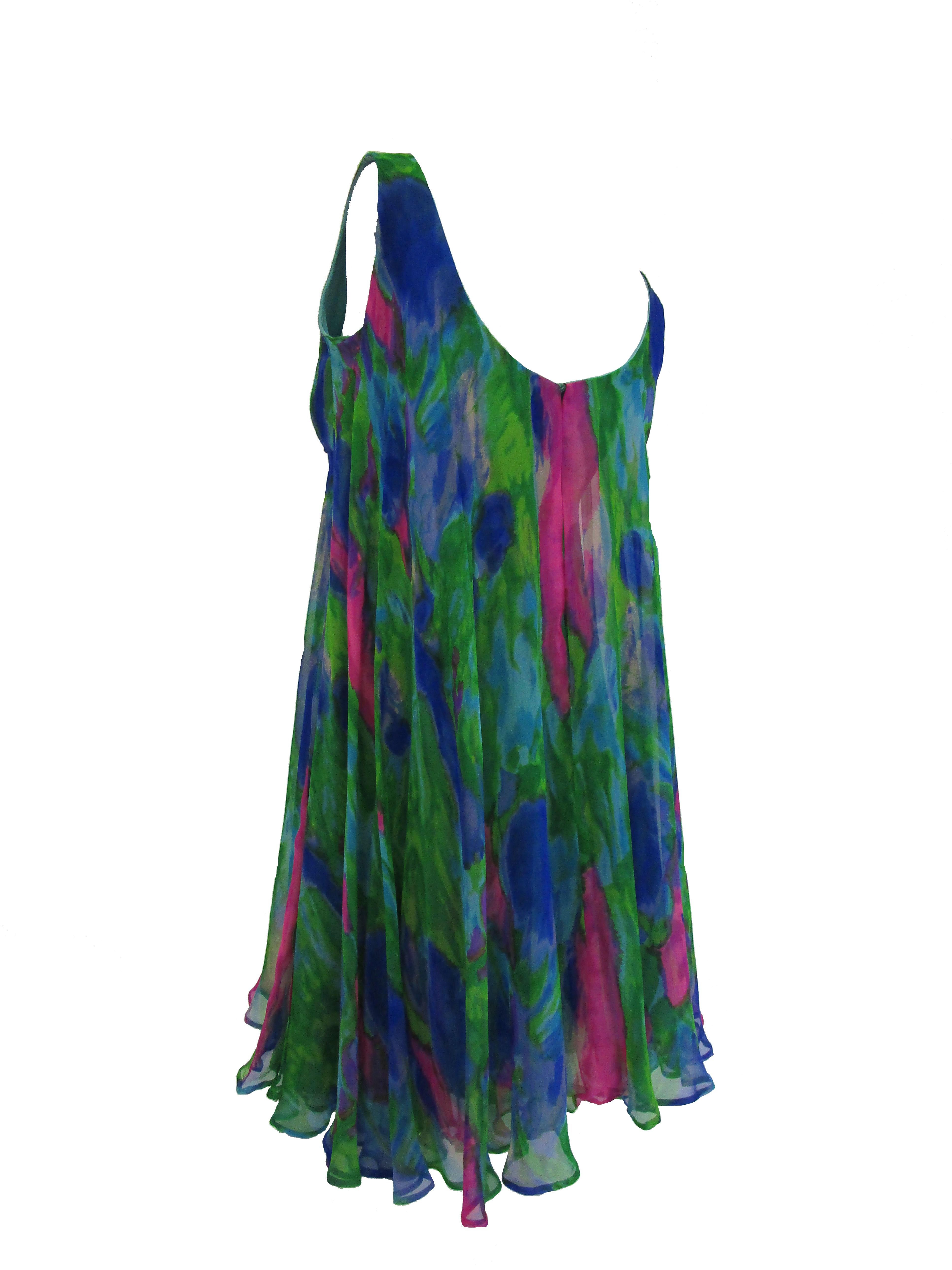 Blue 1960s Psychedelic Jerry Silverman Silk Low Back Mini Dress with Organza Overlay For Sale