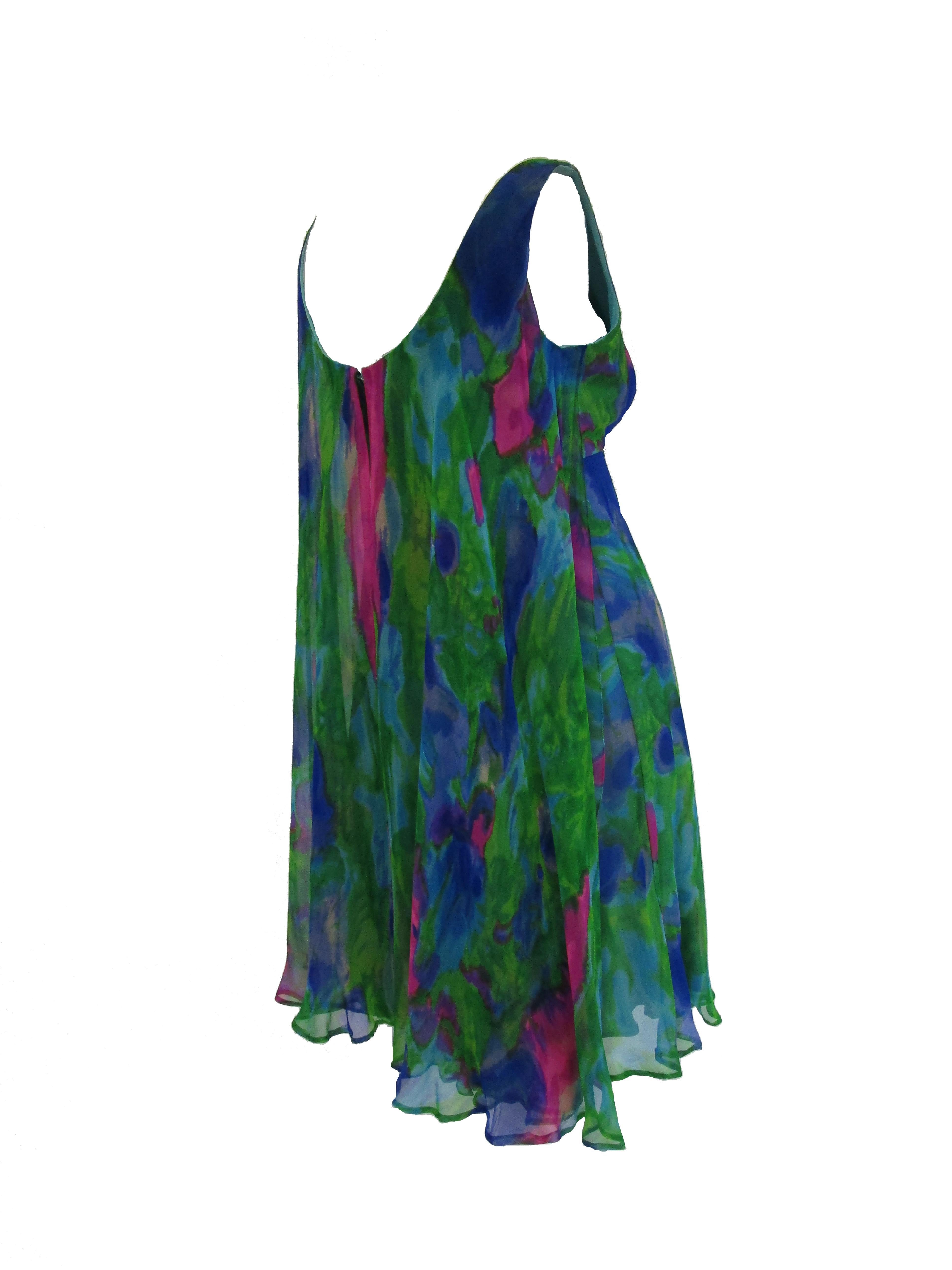 1960s Psychedelic Jerry Silverman Silk Low Back Mini Dress with Organza Overlay In Excellent Condition For Sale In Houston, TX