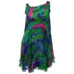 1960s Psychedelic Jerry Silverman Silk Low Back Mini Dress with Organza Overlay