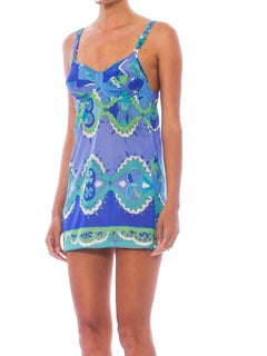 1960S PUCCI Aqua Blue Psychedelic Nylon Jersey Under-Wire Bra Mini Slip Dress