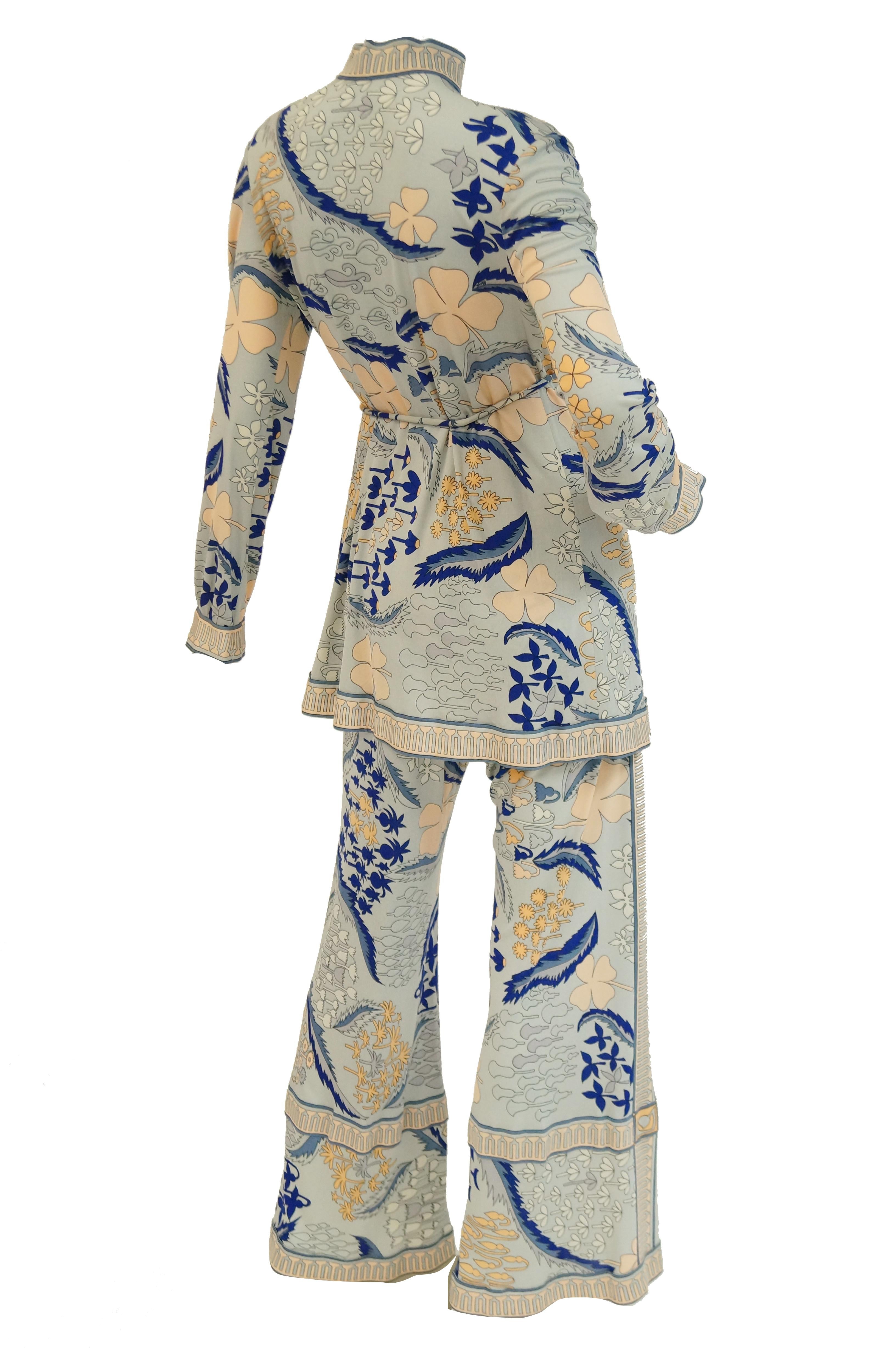 1960s Bessie Blue & Peach Silk Knit Tunic & Flared Pants w/ Glass Beaded Belt 1