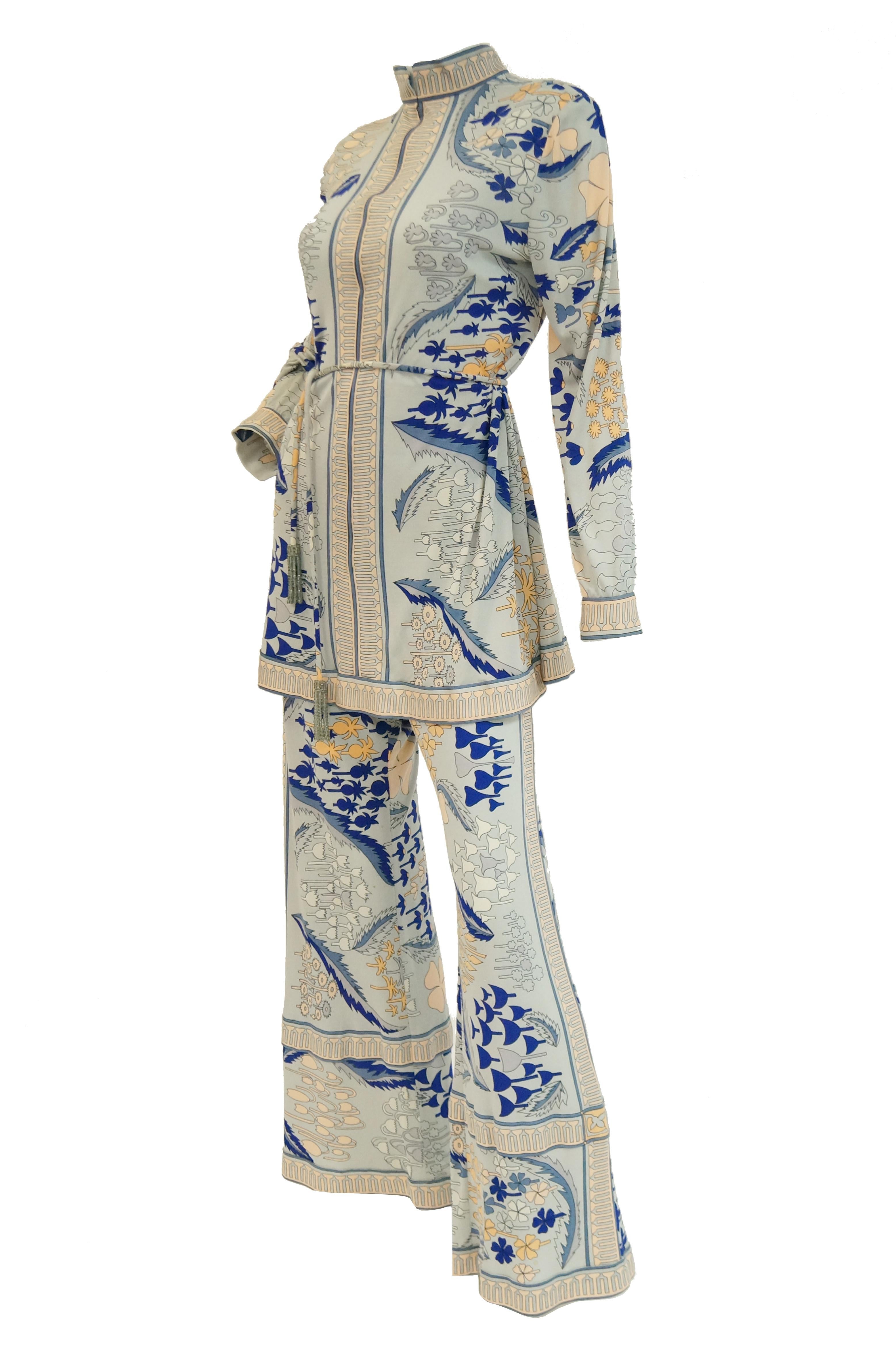 1960s Bessie Blue & Peach Silk Knit Tunic & Flared Pants w/ Glass Beaded Belt 4