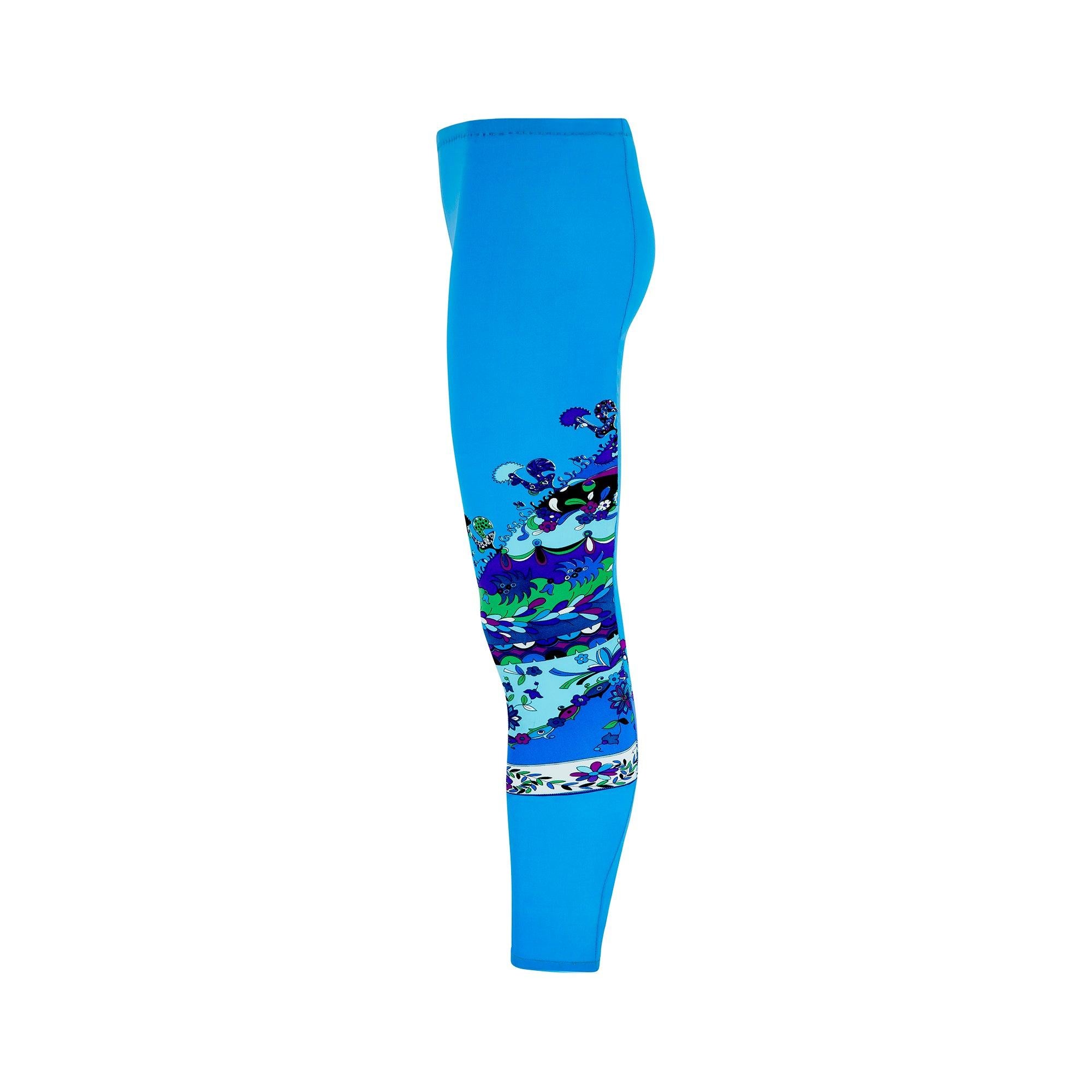 Dating to the late 1960s, these Pucci leggings are as vibrant as the day they were made. In eye-catching cerulean blue, they are adorned with the signature psychedelic Pucci print, with birds and botanicals in shades of purple, blue and green