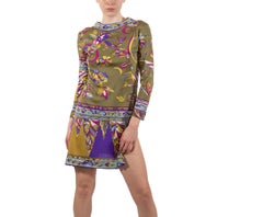 1960S Pucci Olive Green & Purple Silk Jersey Mod Sleeved Mini Dress As Is