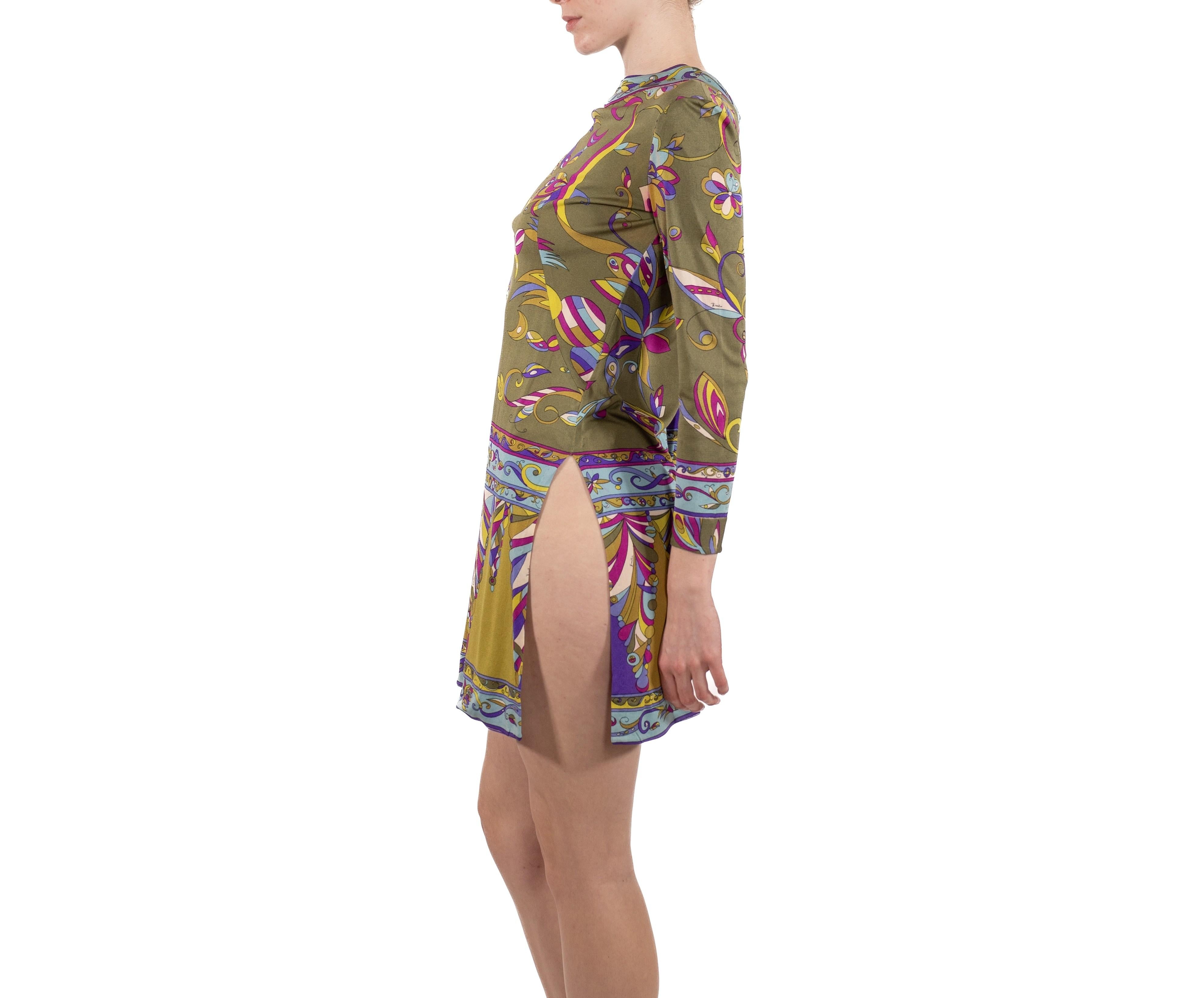 1960S Pucci Olive Green & Purple Silk Jersey Mod Sleeved Mini Dress As Is In Good Condition For Sale In New York, NY