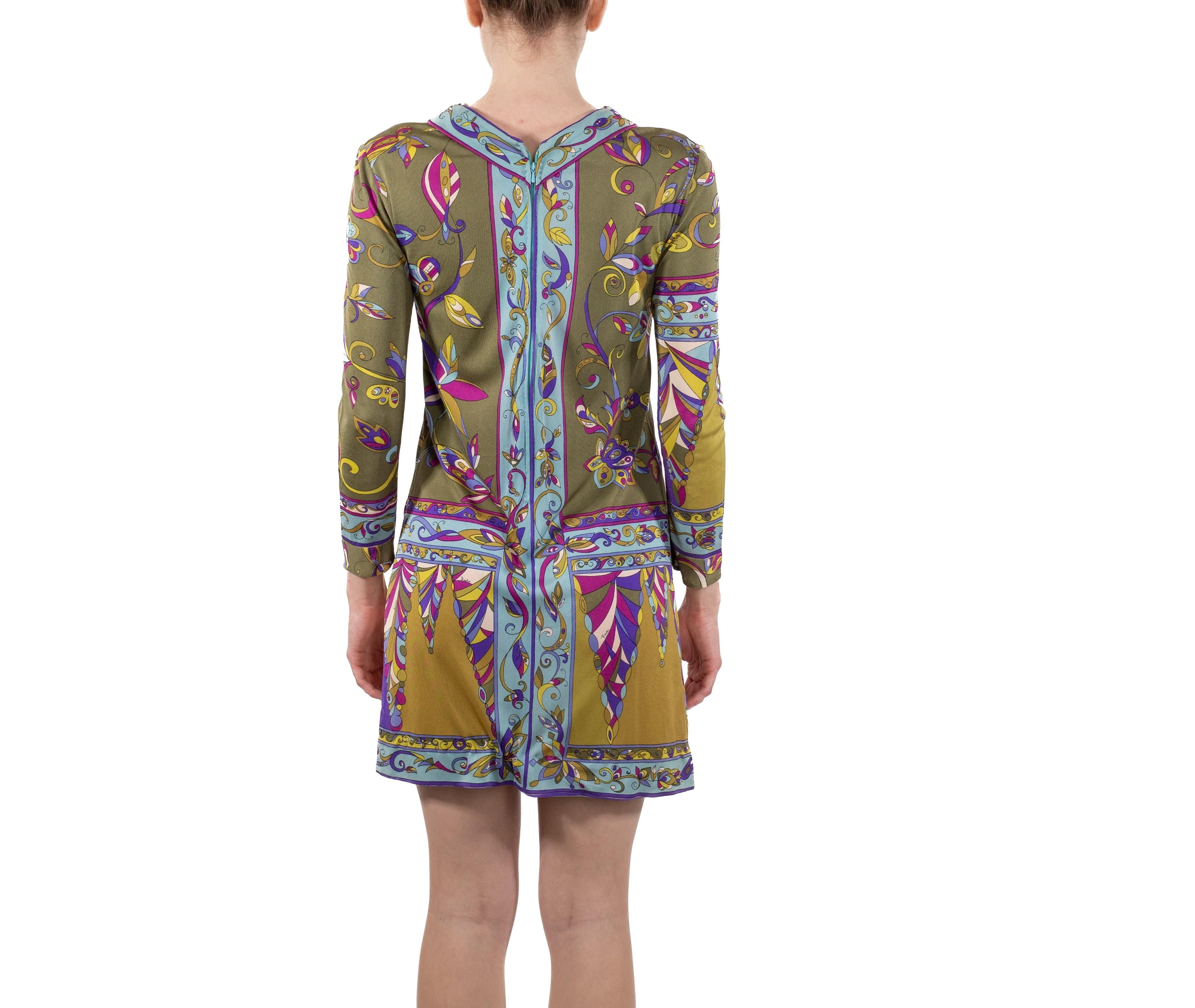 1960S Pucci Olive Green & Purple Silk Jersey Mod Sleeved Mini Dress As Is For Sale 1
