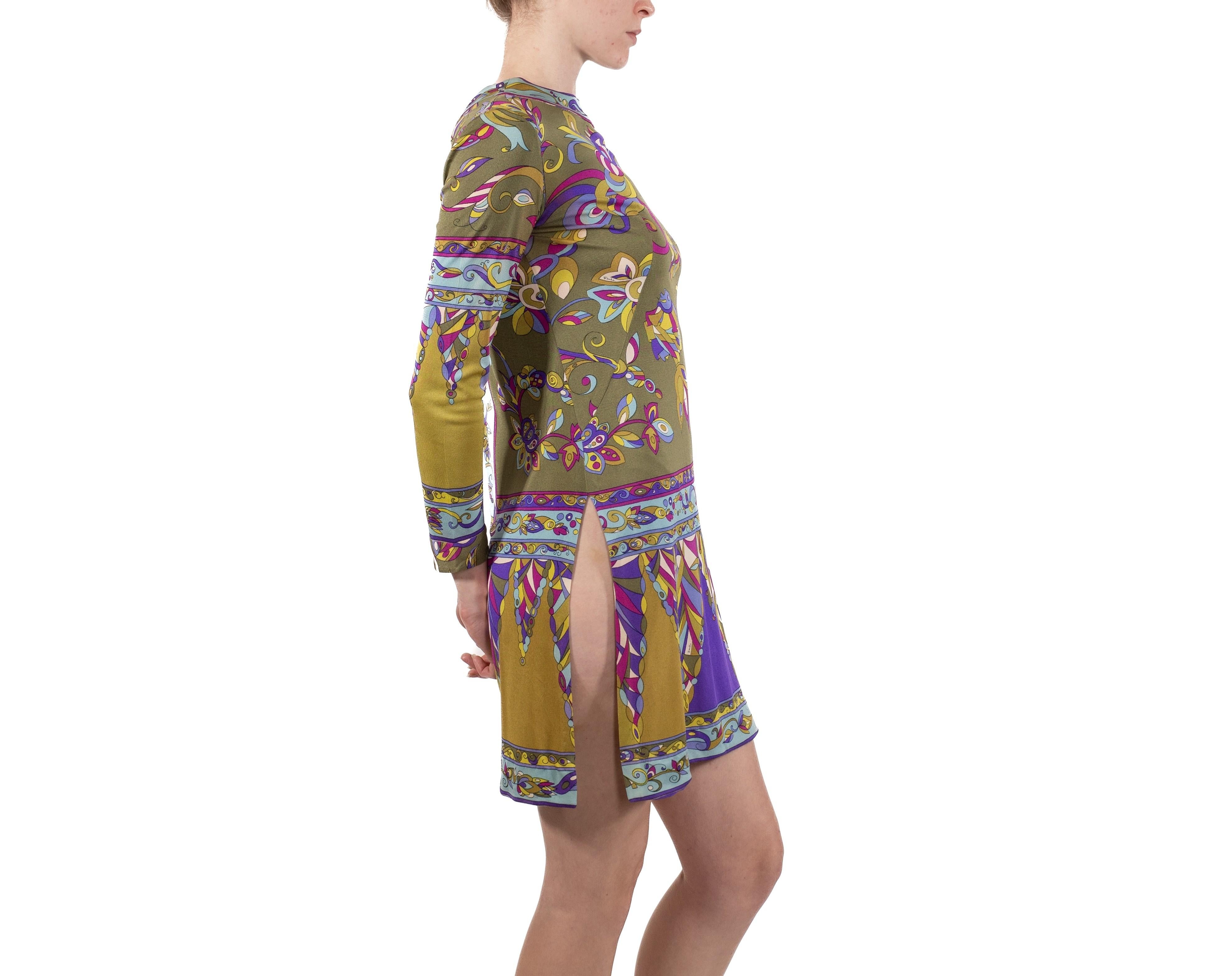 1960S Pucci Olive Green & Purple Silk Jersey Mod Sleeved Mini Dress As Is For Sale 2