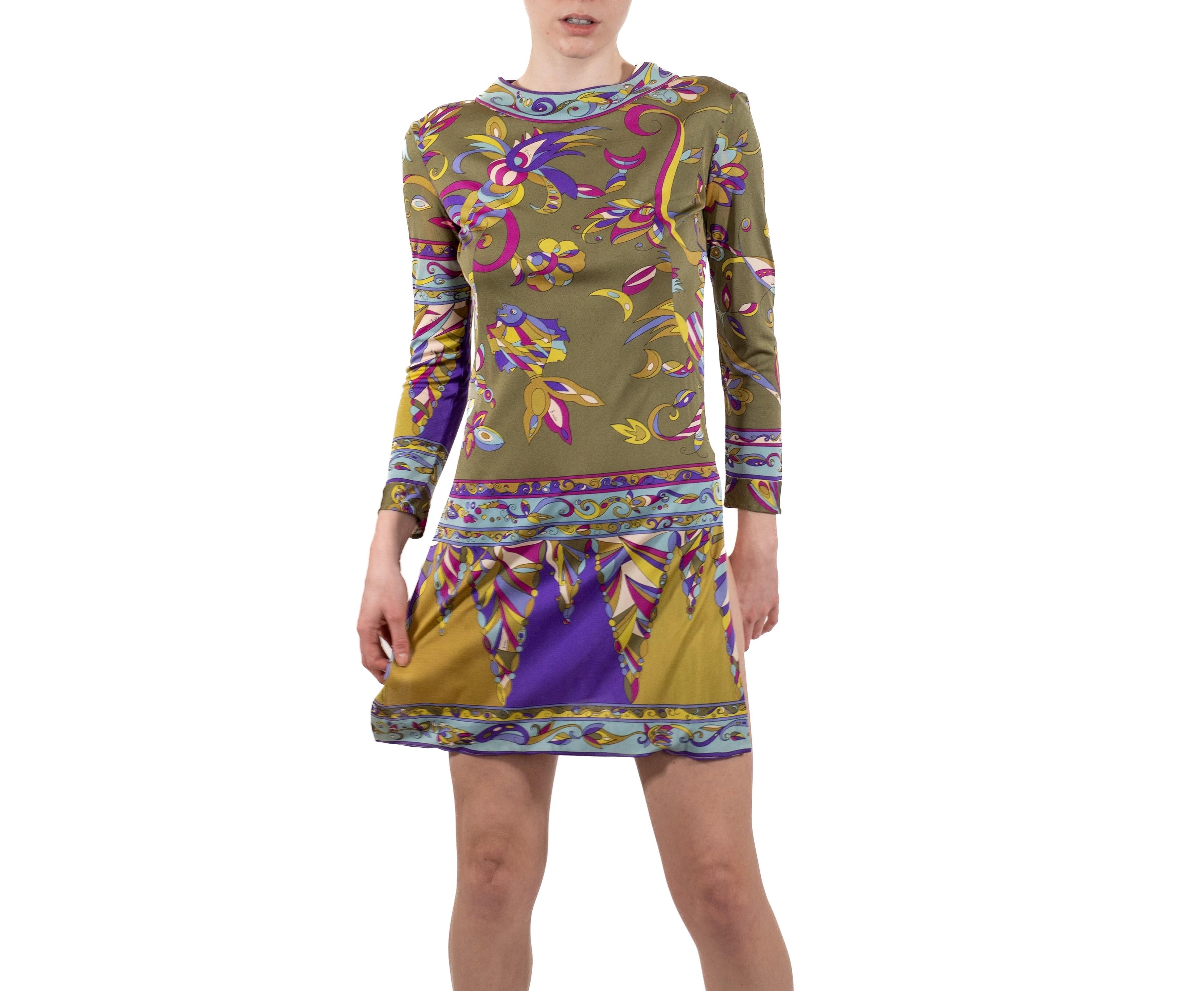 1960S Pucci Olive Green & Purple Silk Jersey Mod Sleeved Mini Dress As Is For Sale 3