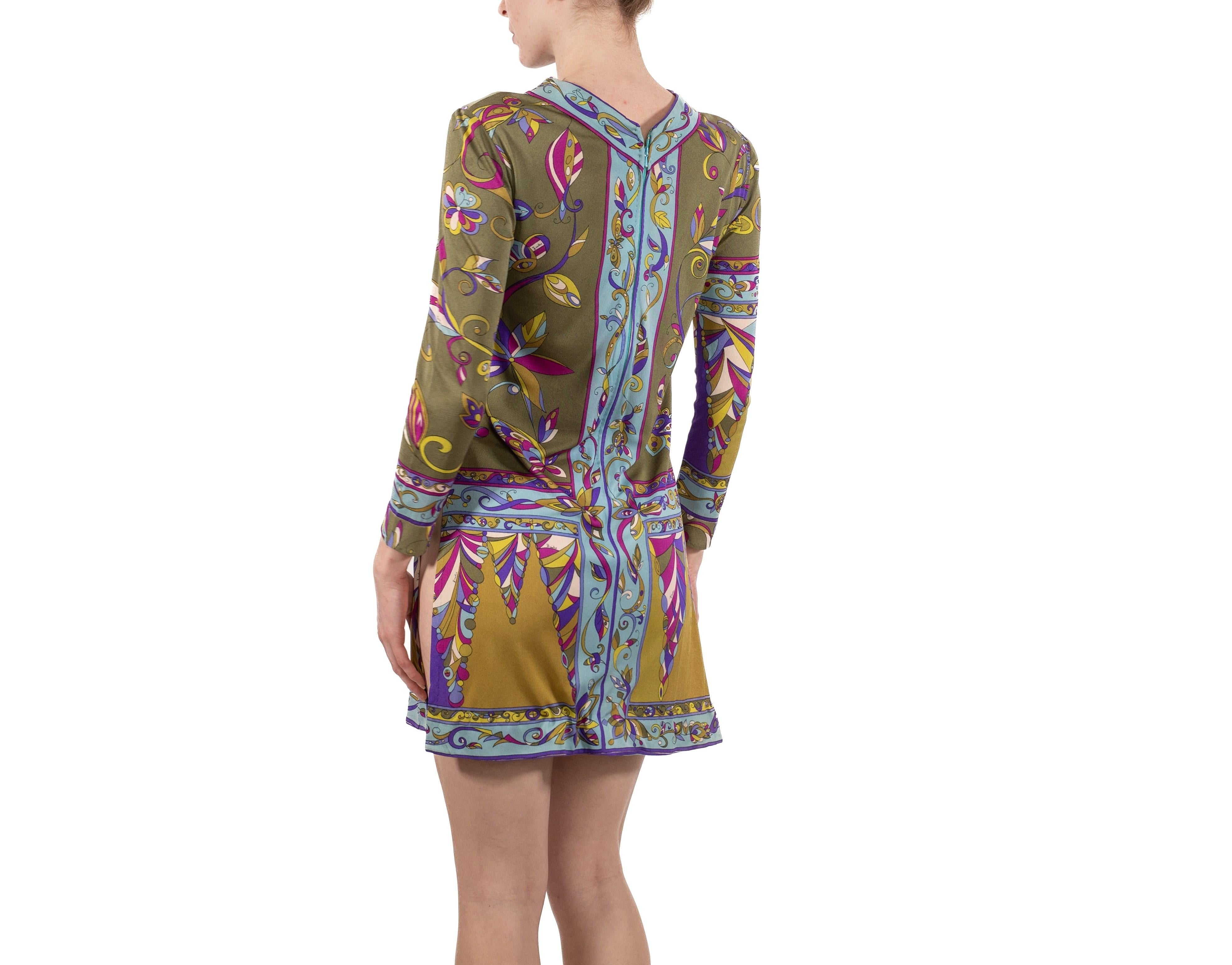 1960S Pucci Olive Green & Purple Silk Jersey Mod Sleeved Mini Dress As Is For Sale 4