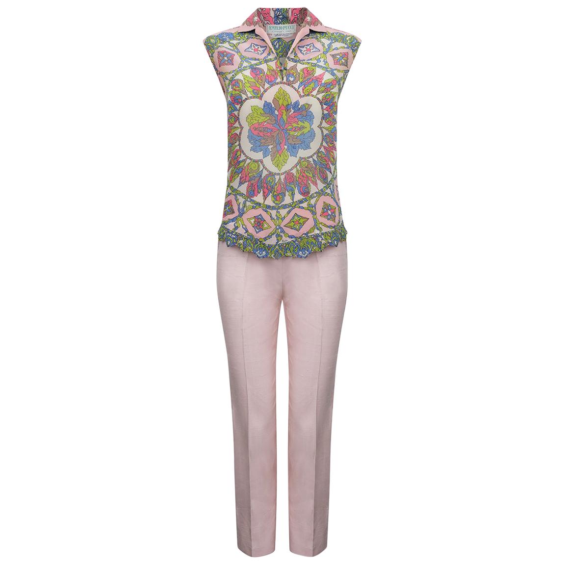 1960s Pucci Silk Pink Trouser Set With Rosette Print For Sale