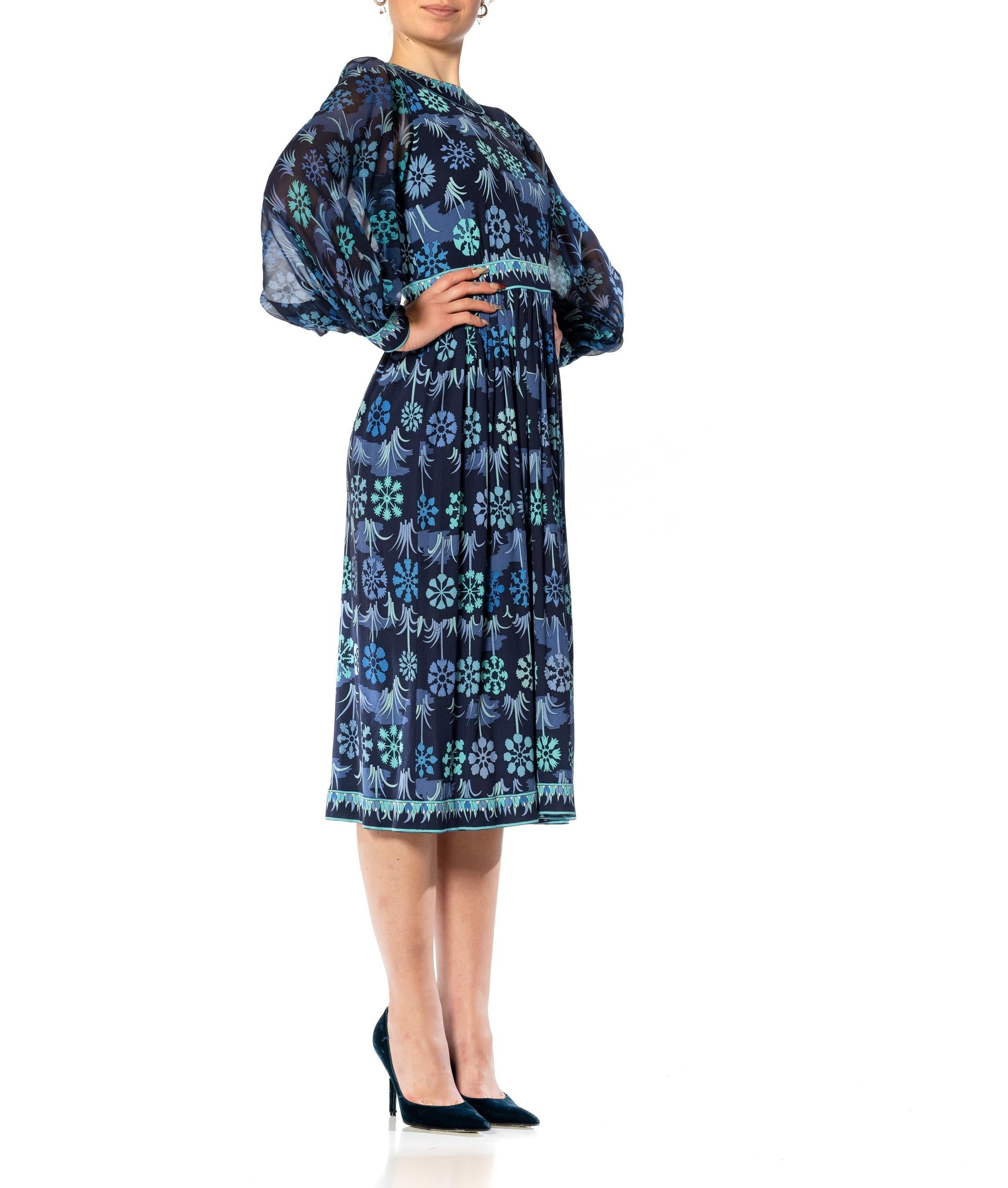 1960S PUCCI Style Mixed Blues Silk Jersey Dress With Chiffon Sleeves & Couture For Sale 5