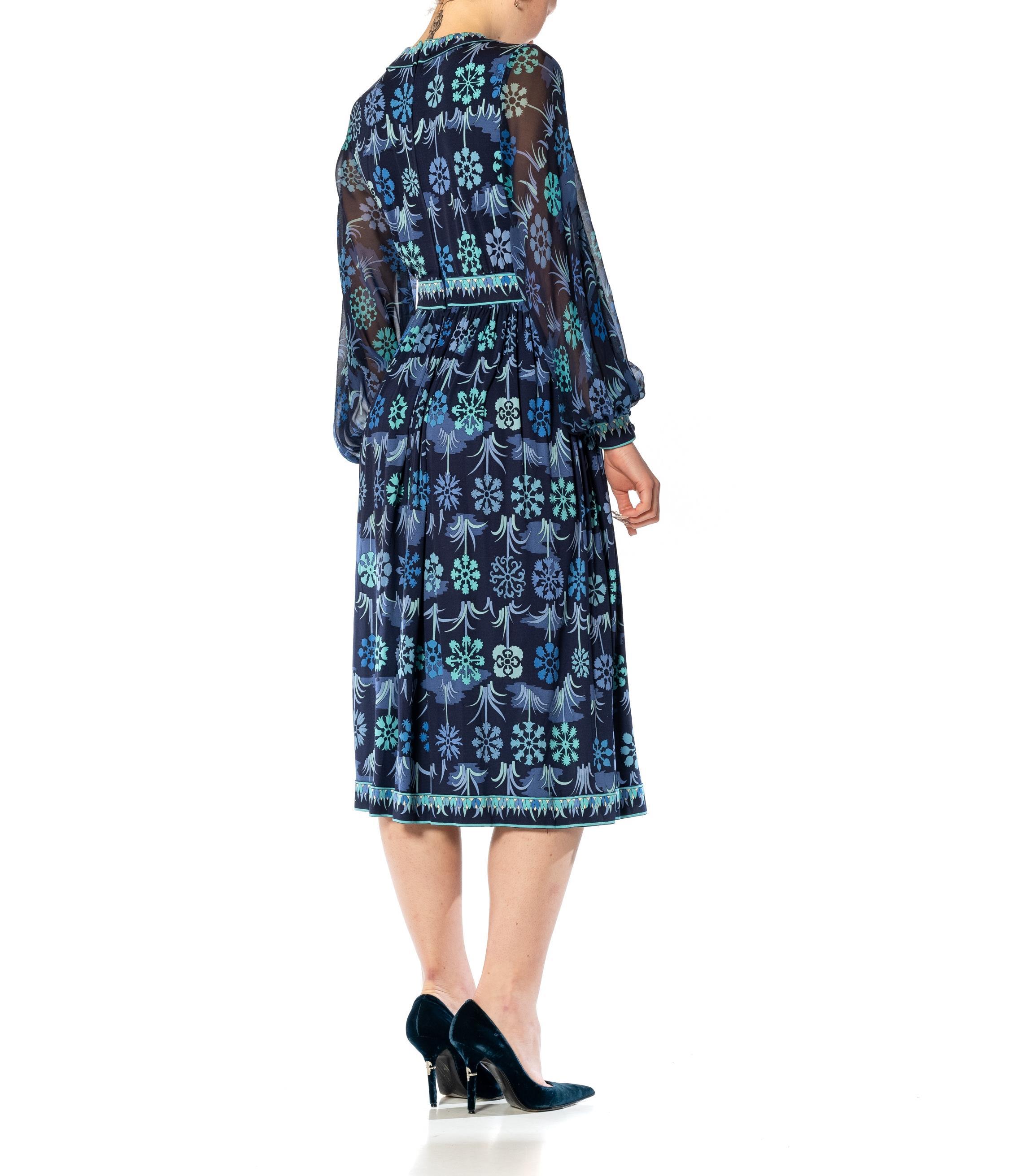 1960S PUCCI Style Mixed Blues Silk Jersey Dress With Chiffon Sleeves & Couture  For Sale 9