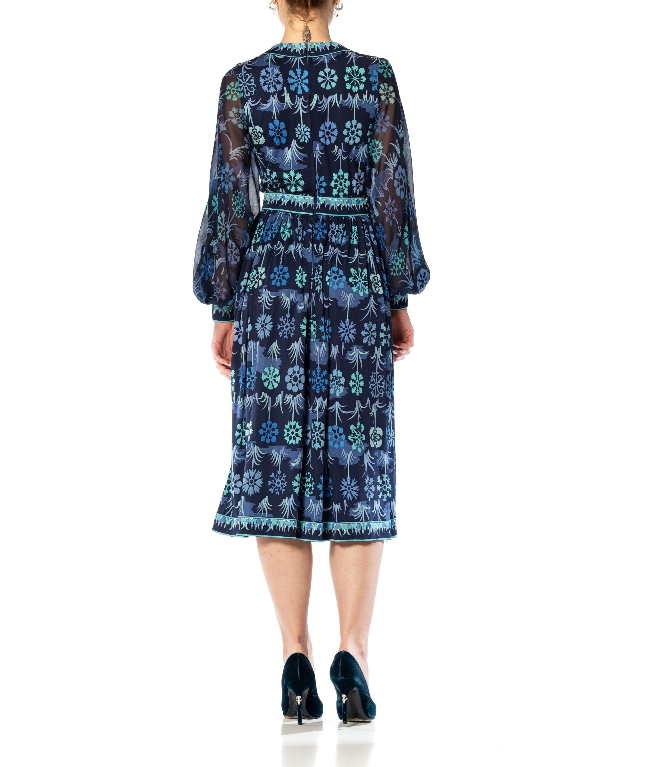 1960S PUCCI Style Mixed Blues Silk Jersey Dress With Chiffon Sleeves & Couture For Sale 10
