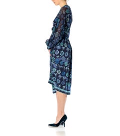 1960S PUCCI Style Mixed Blues Silk Jersey Dress With Chiffon Sleeves & Couture