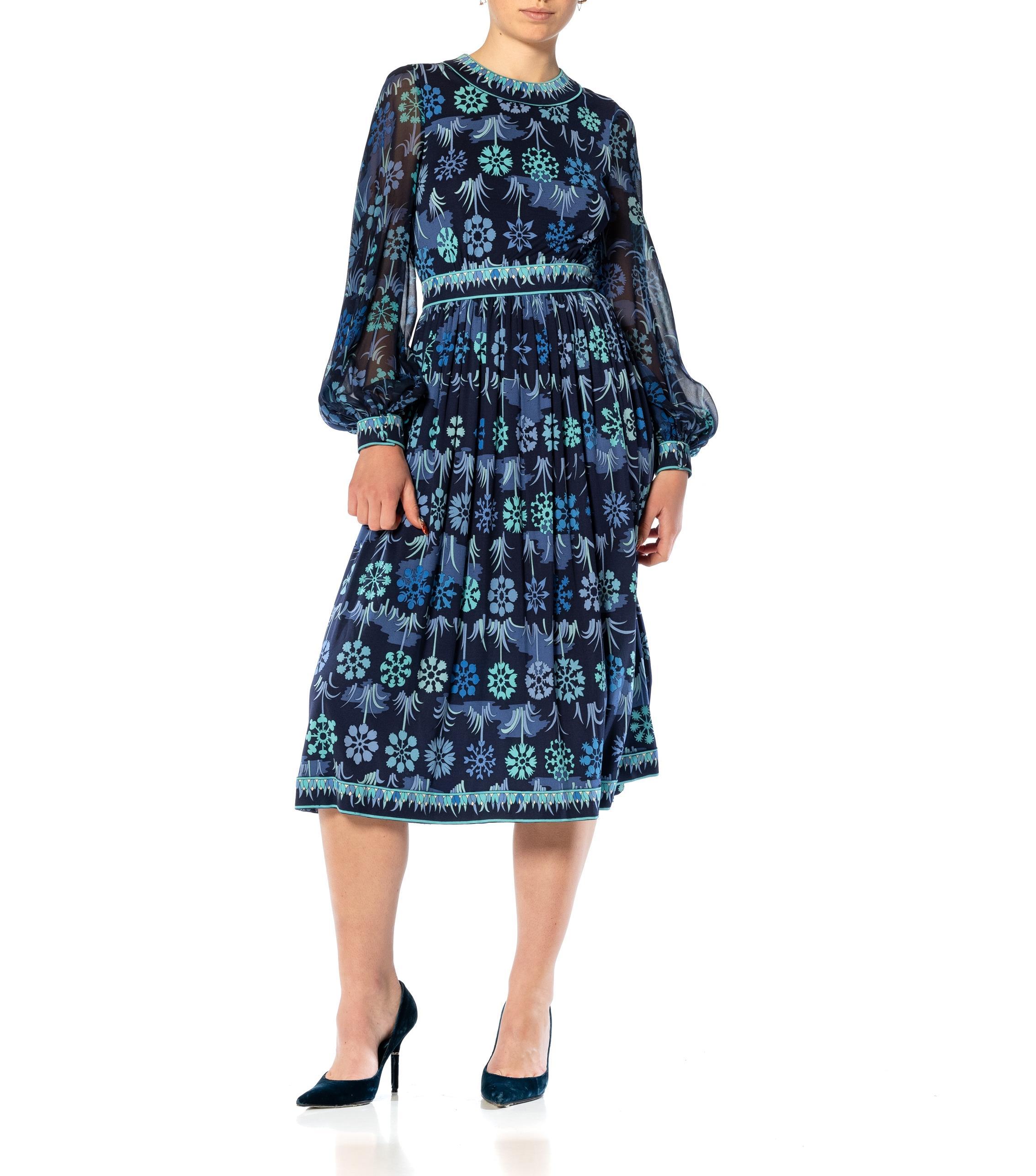 Women's 1960S PUCCI Style Mixed Blues Silk Jersey Dress With Chiffon Sleeves & Couture  For Sale