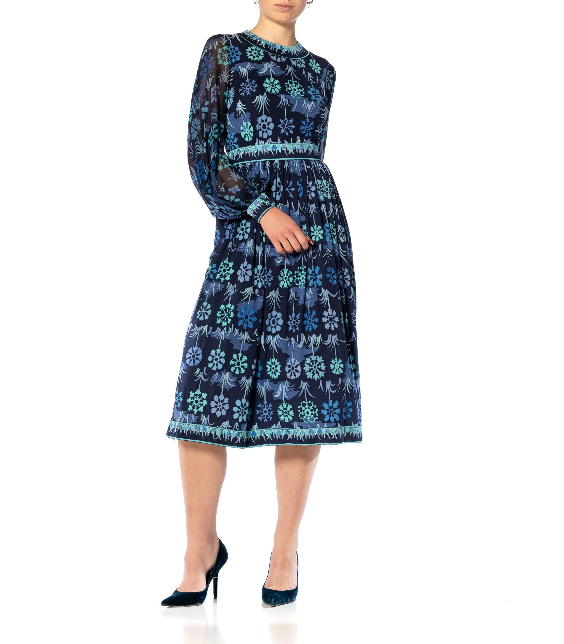1960S PUCCI Style Mixed Blues Silk Jersey Dress With Chiffon Sleeves & Couture  For Sale 1