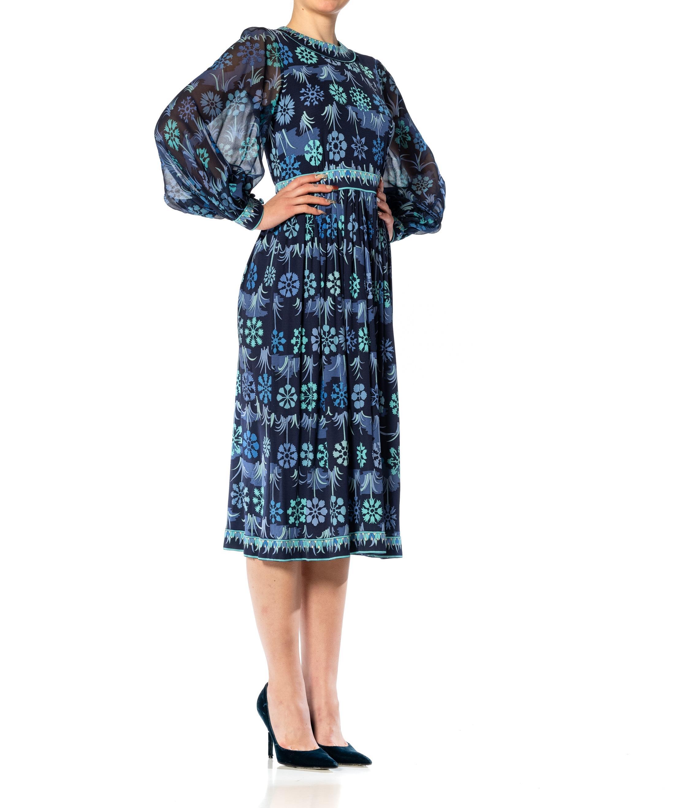 1960S PUCCI Style Mixed Blues Silk Jersey Dress With Chiffon Sleeves & Couture For Sale 3