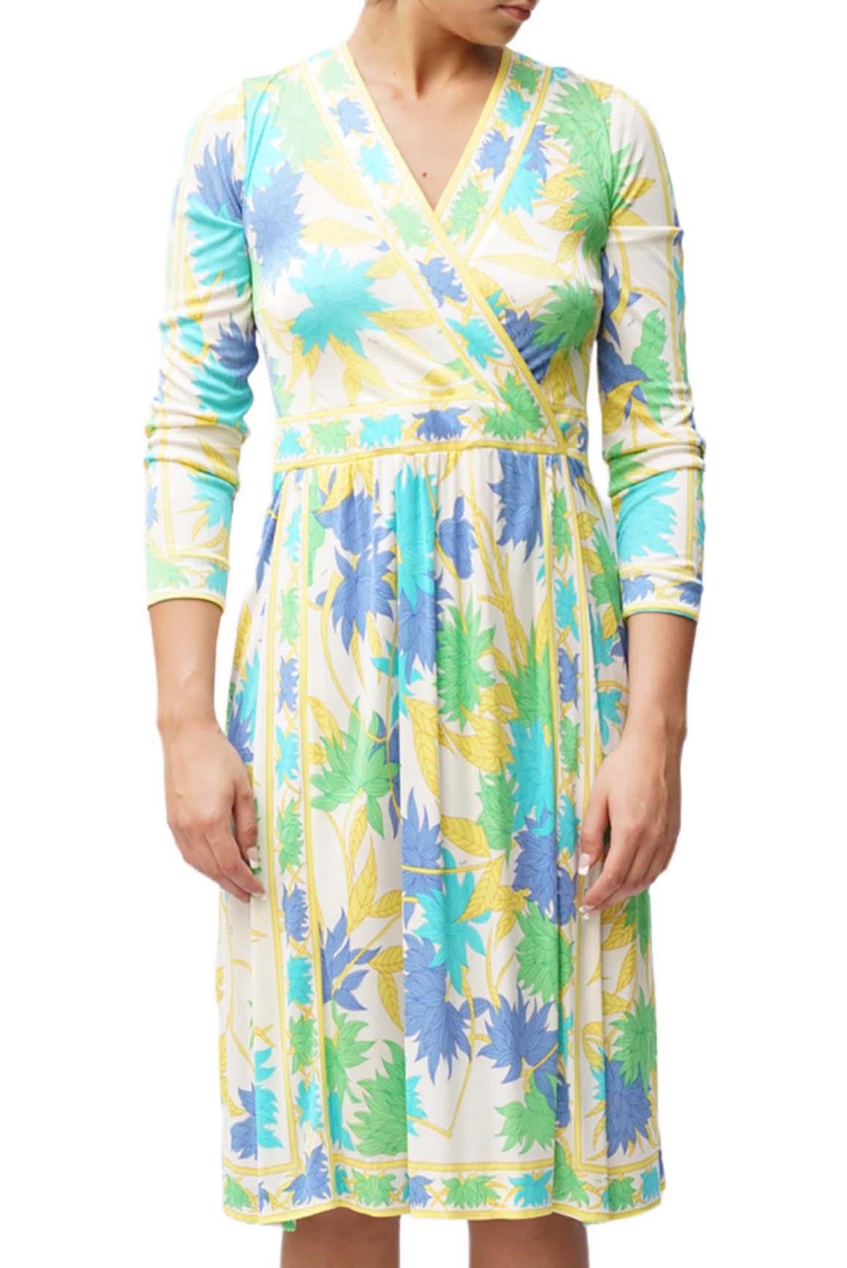 1960S PUCCI Yellow Floral Print Silk Jersey  AS IS Long Sleeve Dress For Sale 3