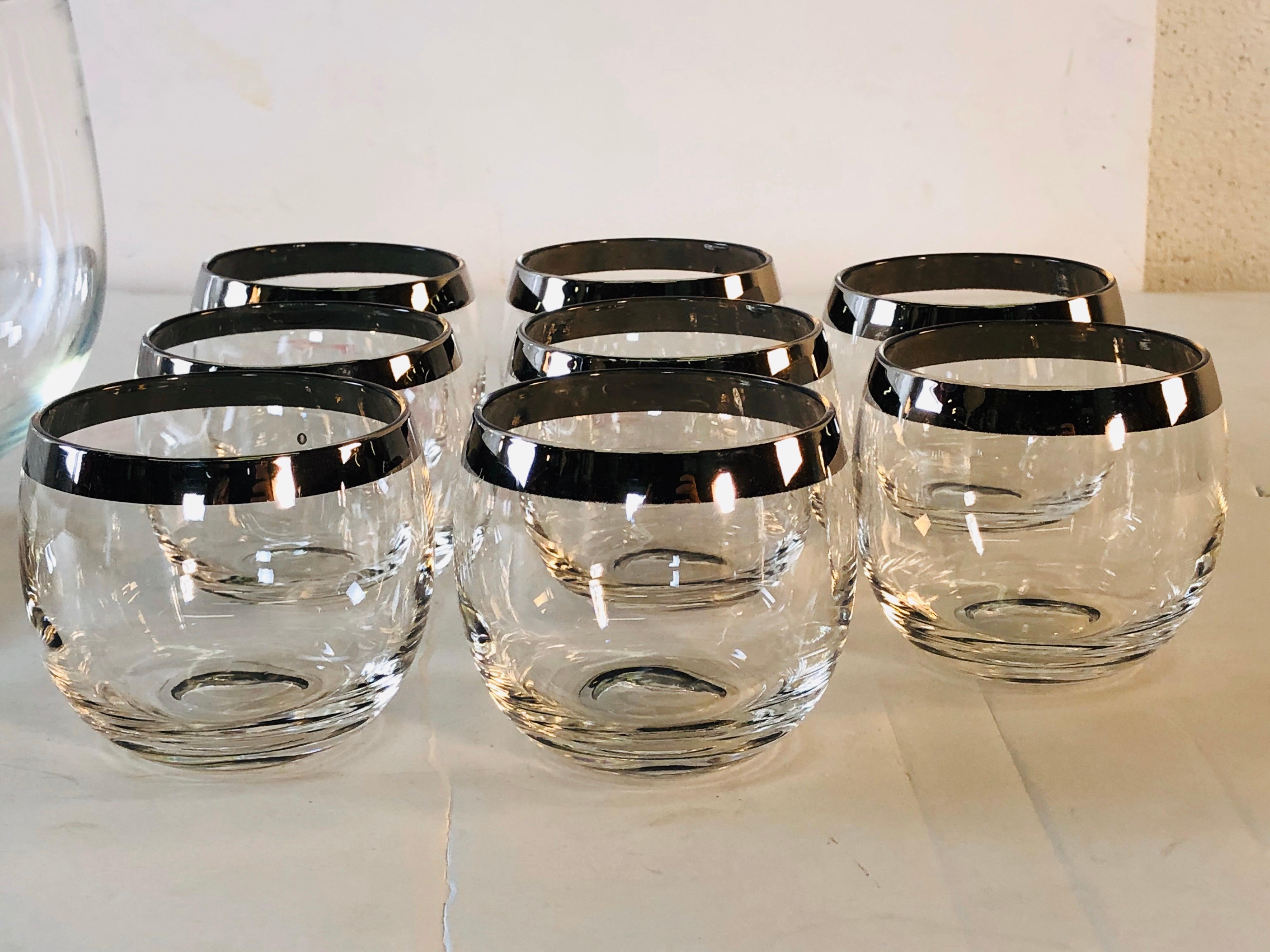 Mid-Century Modern 1960s Punch Bowl Set with Silver Rim Tumblers, Set of 9 For Sale