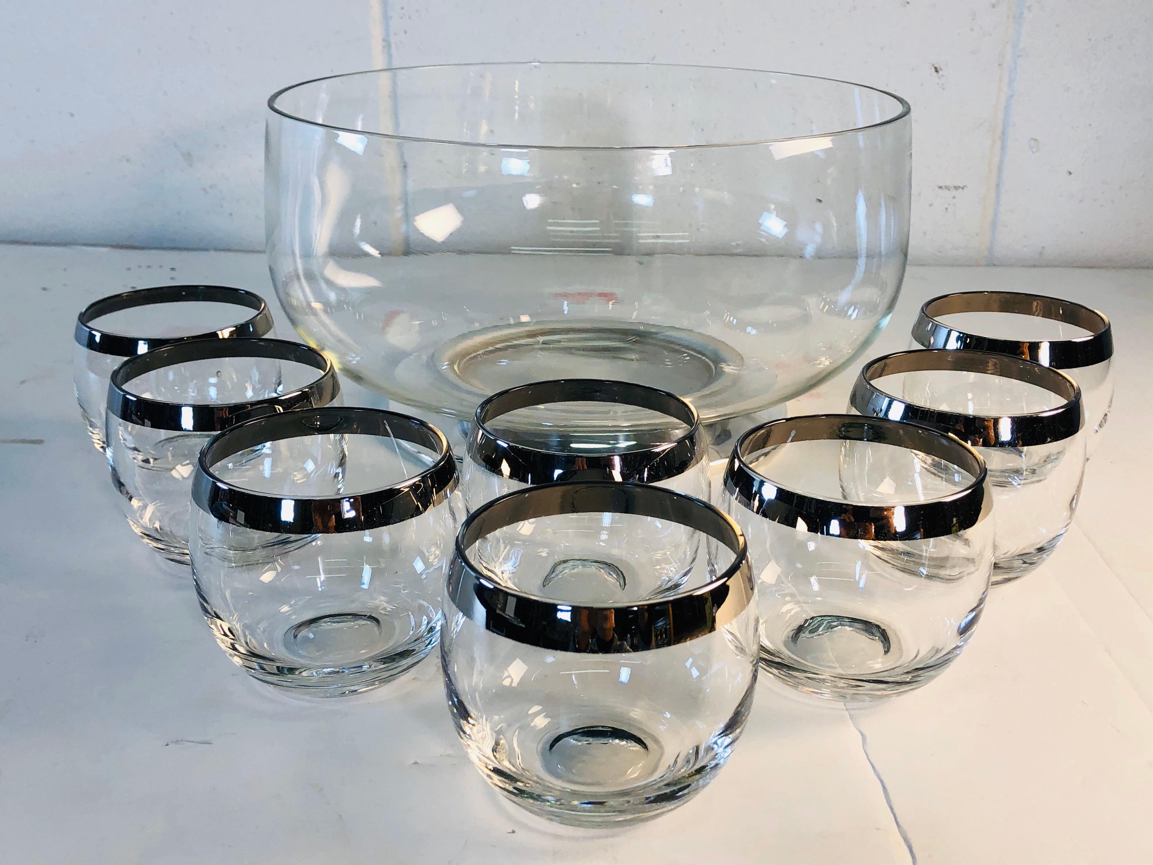 20th Century 1960s Punch Bowl Set with Silver Rim Tumblers, Set of 9 For Sale