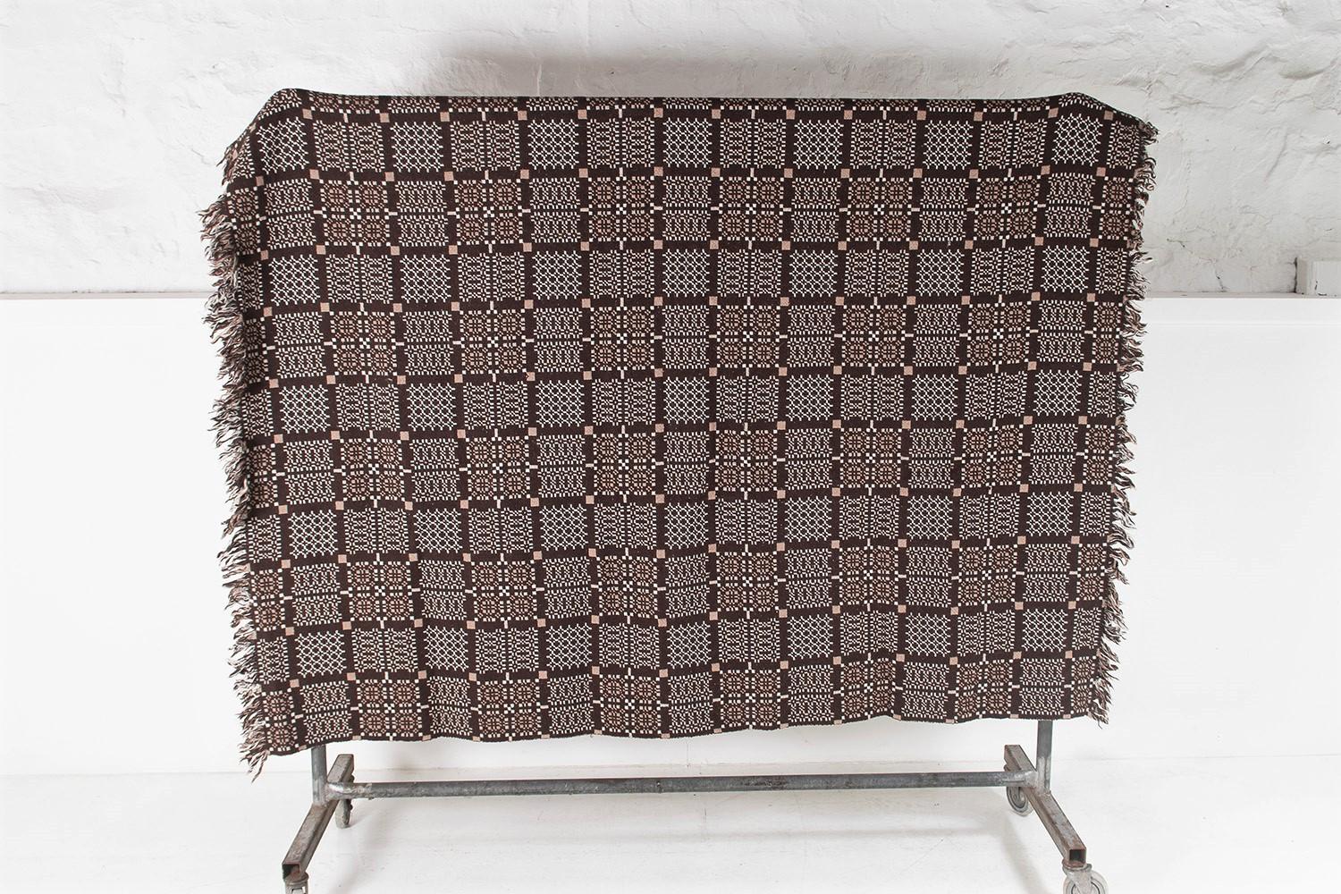 Mid-Century Modern 1960s Pure Welsh Wool Tapestry Blanket in a Dark Brown and Cream Colourway