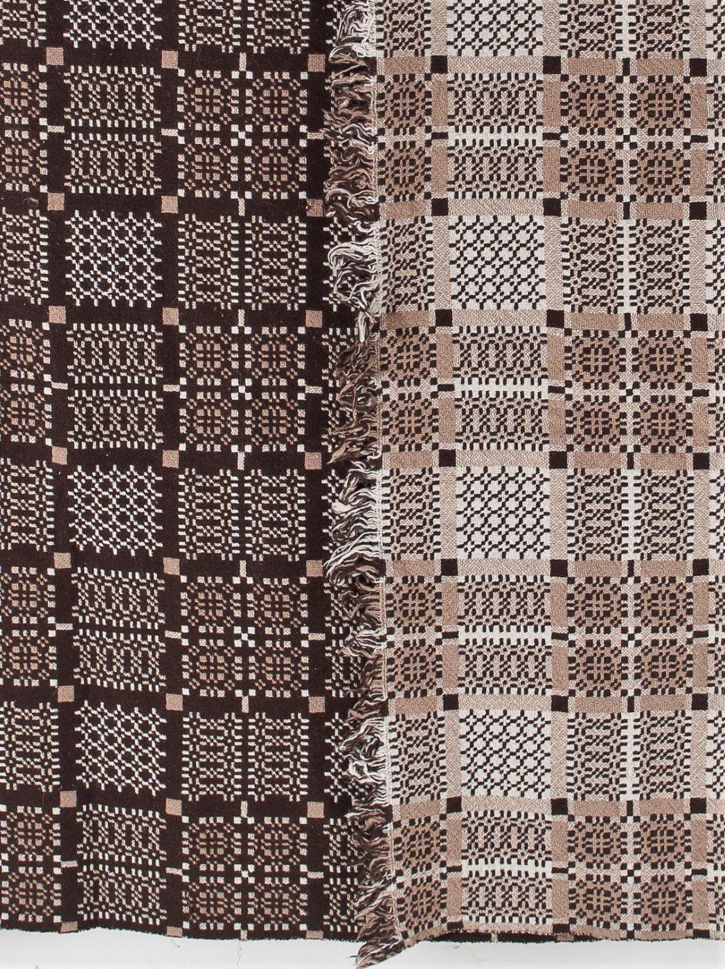 1960s Pure Welsh Wool Tapestry Blanket in a Dark Brown and Cream Colourway 1