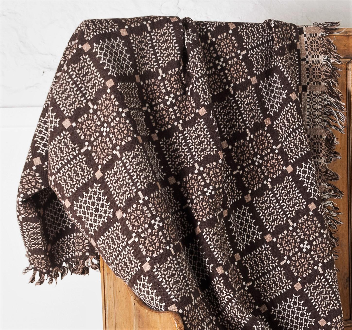1960s Pure Welsh Wool Tapestry Blanket in a Dark Brown and Cream Colourway 2