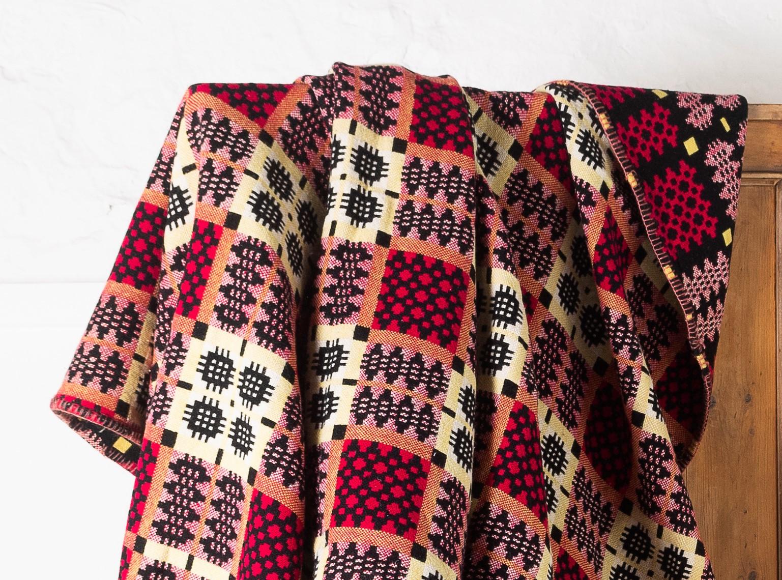 1960s Pure Welsh Wool Tapestry Blanket in a Red Black and Yellow Colourway 2