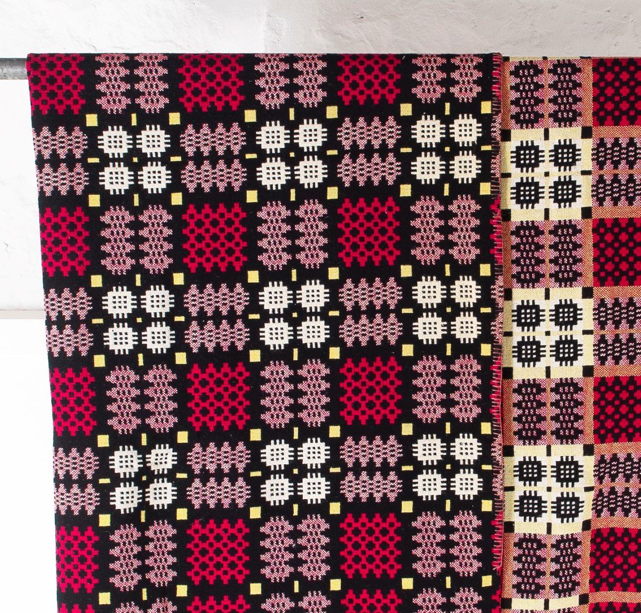 Mid-Century Modern 1960s Pure Welsh Wool Tapestry Blanket in a Red Black and Yellow Colourway