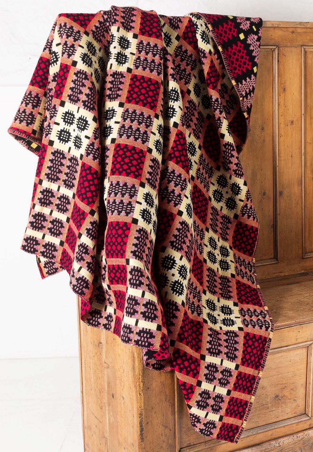 20th Century 1960s Pure Welsh Wool Tapestry Blanket in a Red Black and Yellow Colourway