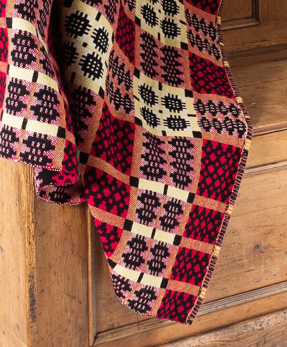 1960s Pure Welsh Wool Tapestry Blanket in a Red Black and Yellow Colourway 1