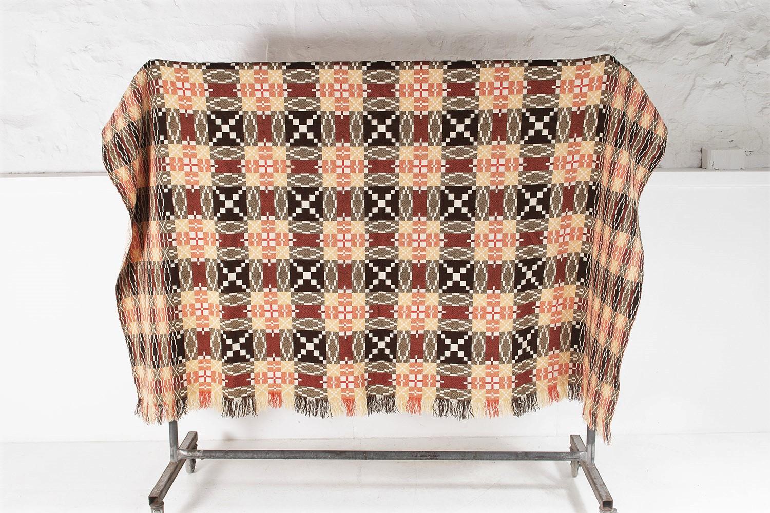 Mid-Century Modern 1960s Pure Welsh Wool Tapestry Blanket in an Autumnal Red Brown Colourway