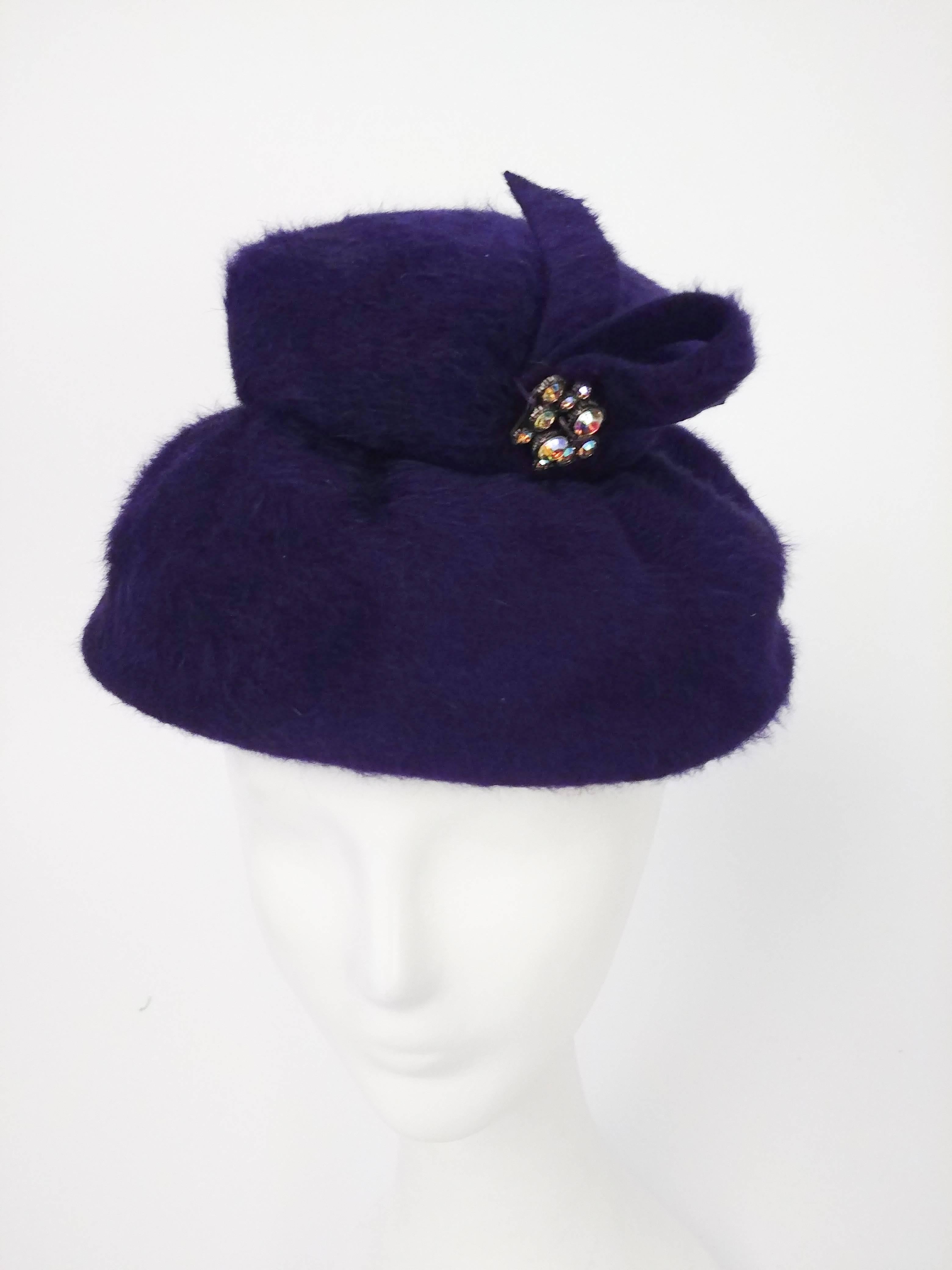 1960s Purple Felt Hat w/ Rhinestone Pin. Wool felt purple hat with unique sculpted shape. 