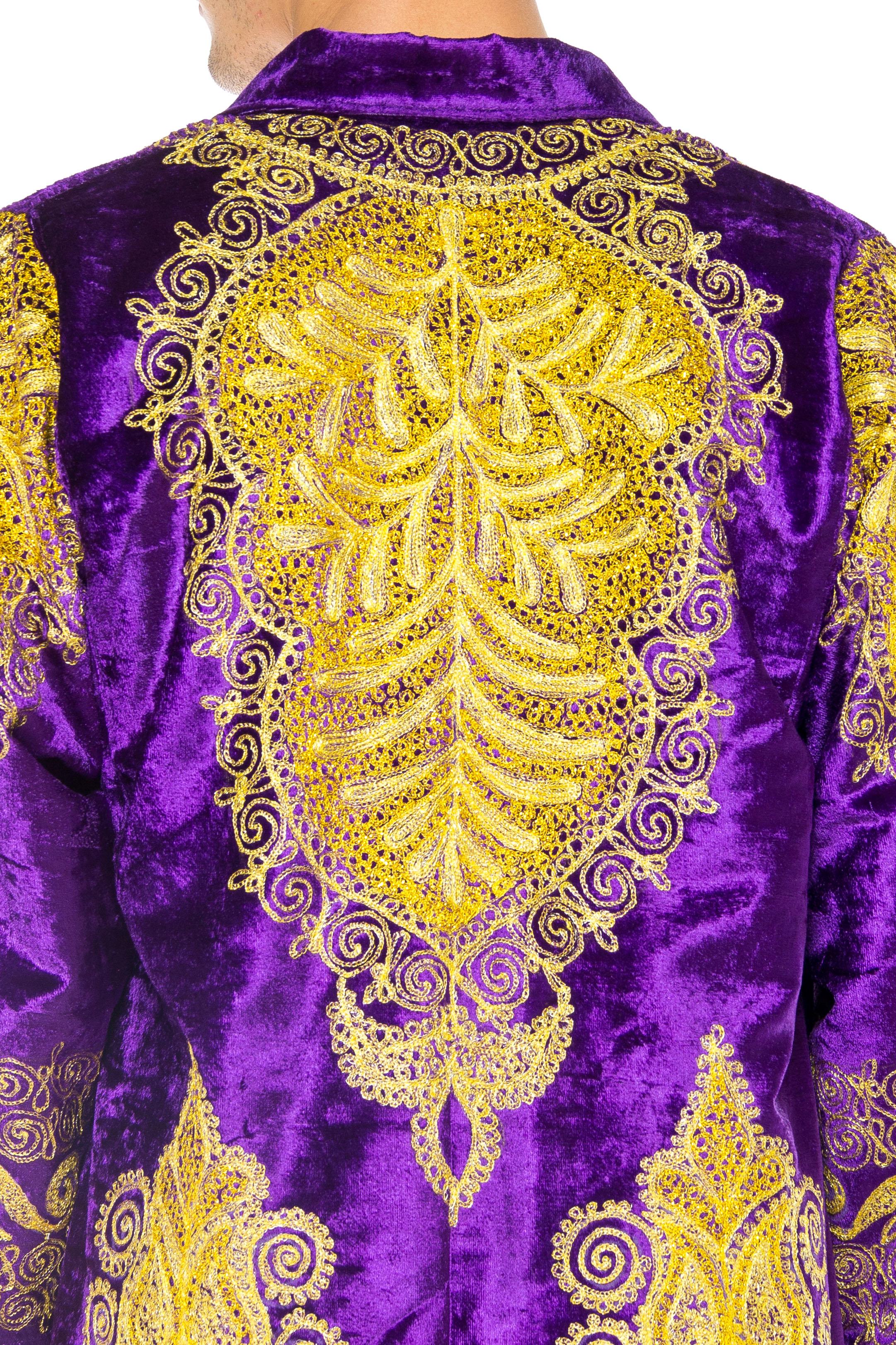 Beige 1960S Purple Gold Polyester Velvet  Embroidery RobeCoatDusterJacket