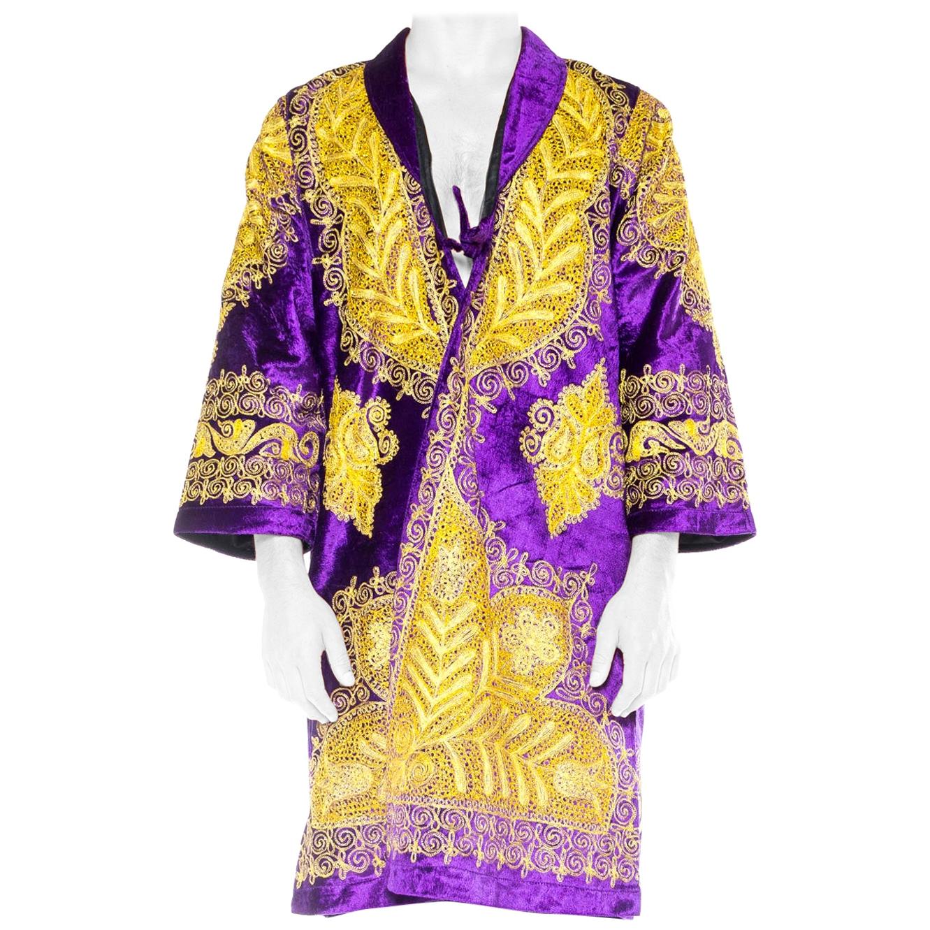 1960S Purple Gold Polyester Velvet  Embroidery RobeCoatDusterJacket