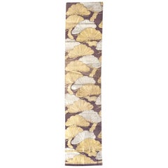 1960s Purple Japanese Obi Table Runner with a Silver and Gold Ginkgo Leaf Motif