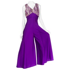 Vintage 1960S Purple Polyester Jersey Palazzo Pant Jumpsuit With Silver Lurex Bodice