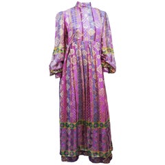 1960s Purple Print Silk Chiffon Maxi Dress