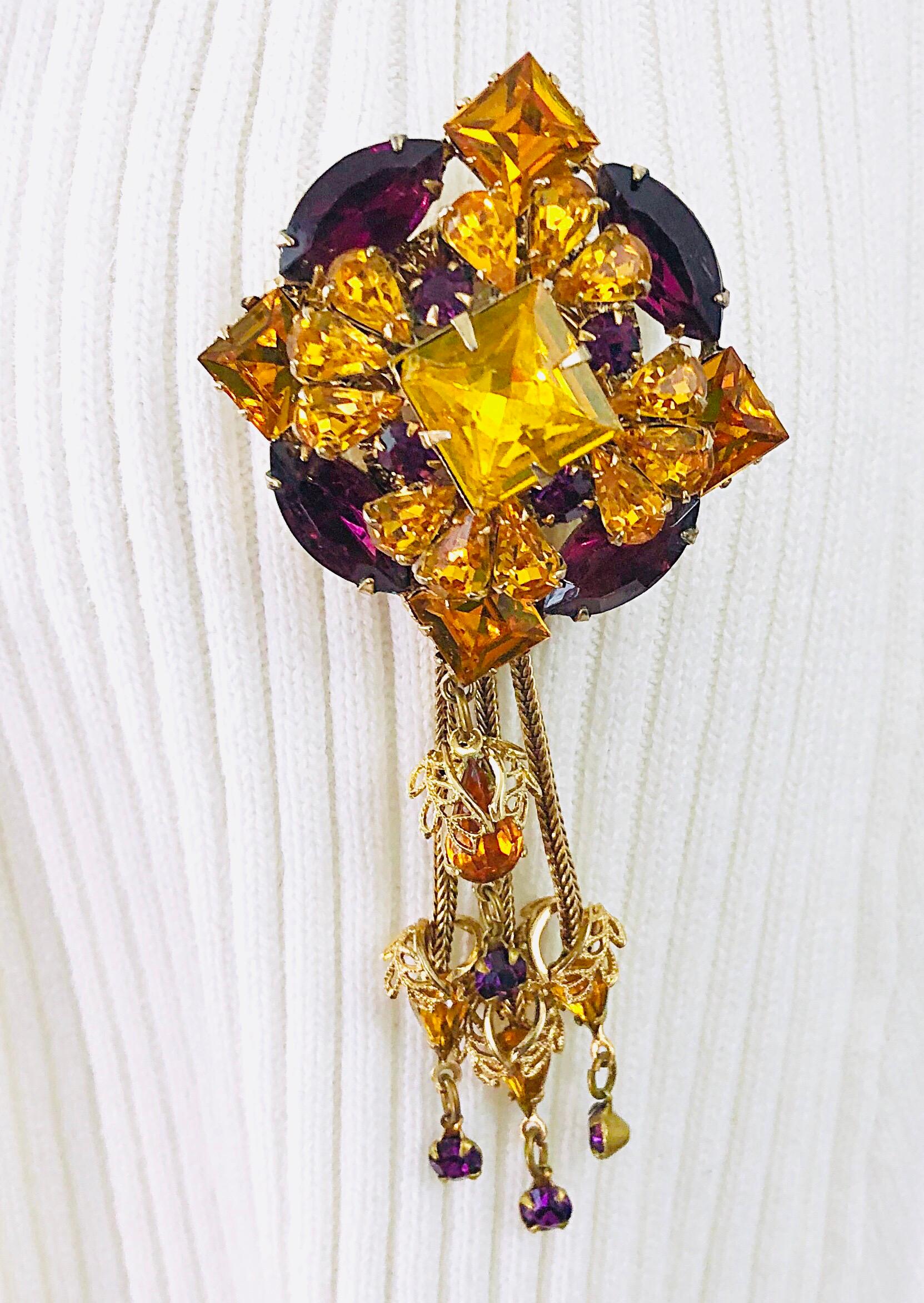 1960s Purple + Yellow Marigold Rhinestone Crystal Doorknocker Tassel Brooch Pin For Sale 5
