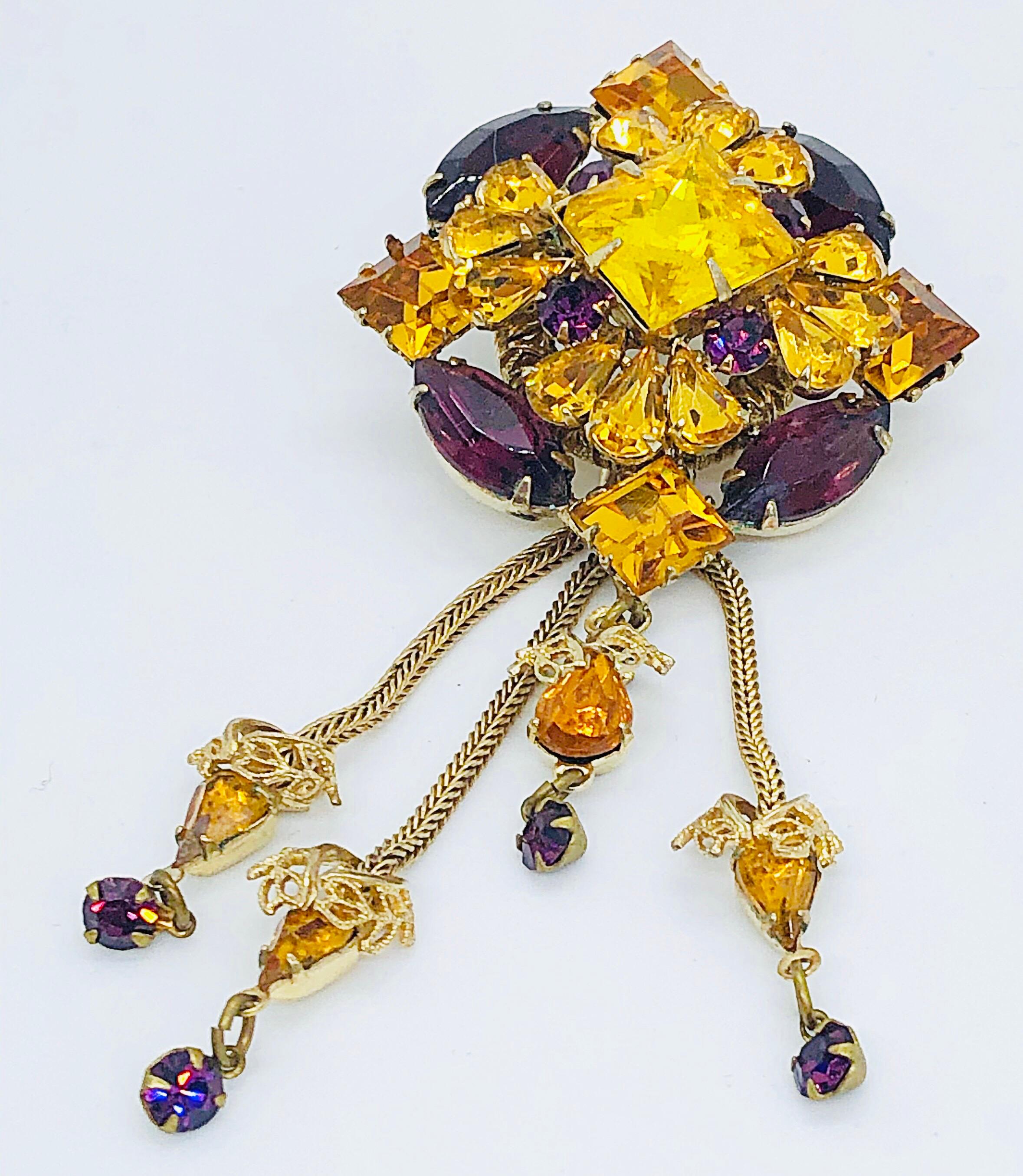 1960s Purple + Yellow Marigold Rhinestone Crystal Doorknocker Tassel Brooch Pin For Sale 6