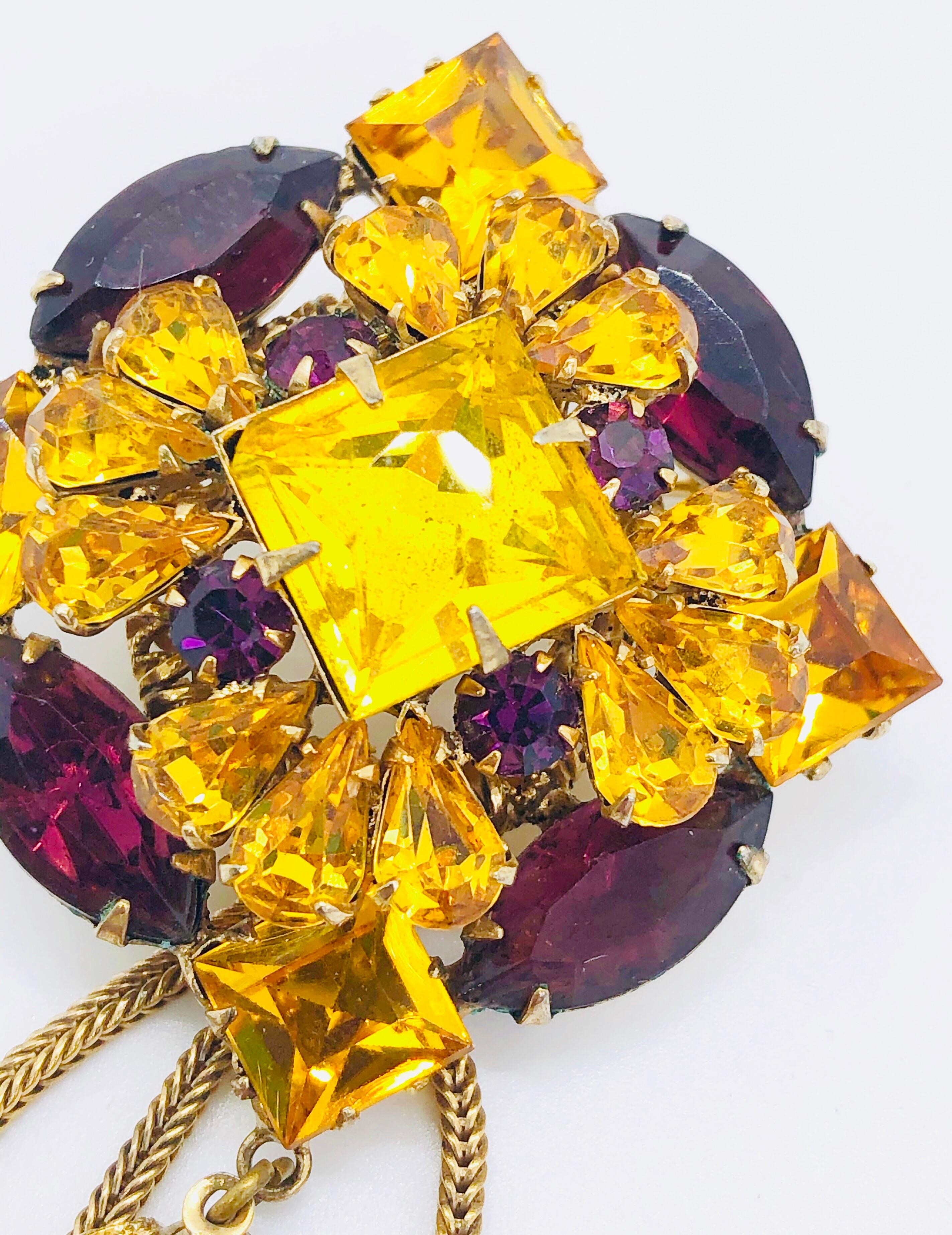 1960s Purple + Yellow Marigold Rhinestone Crystal Doorknocker Tassel Brooch Pin In Excellent Condition For Sale In San Diego, CA