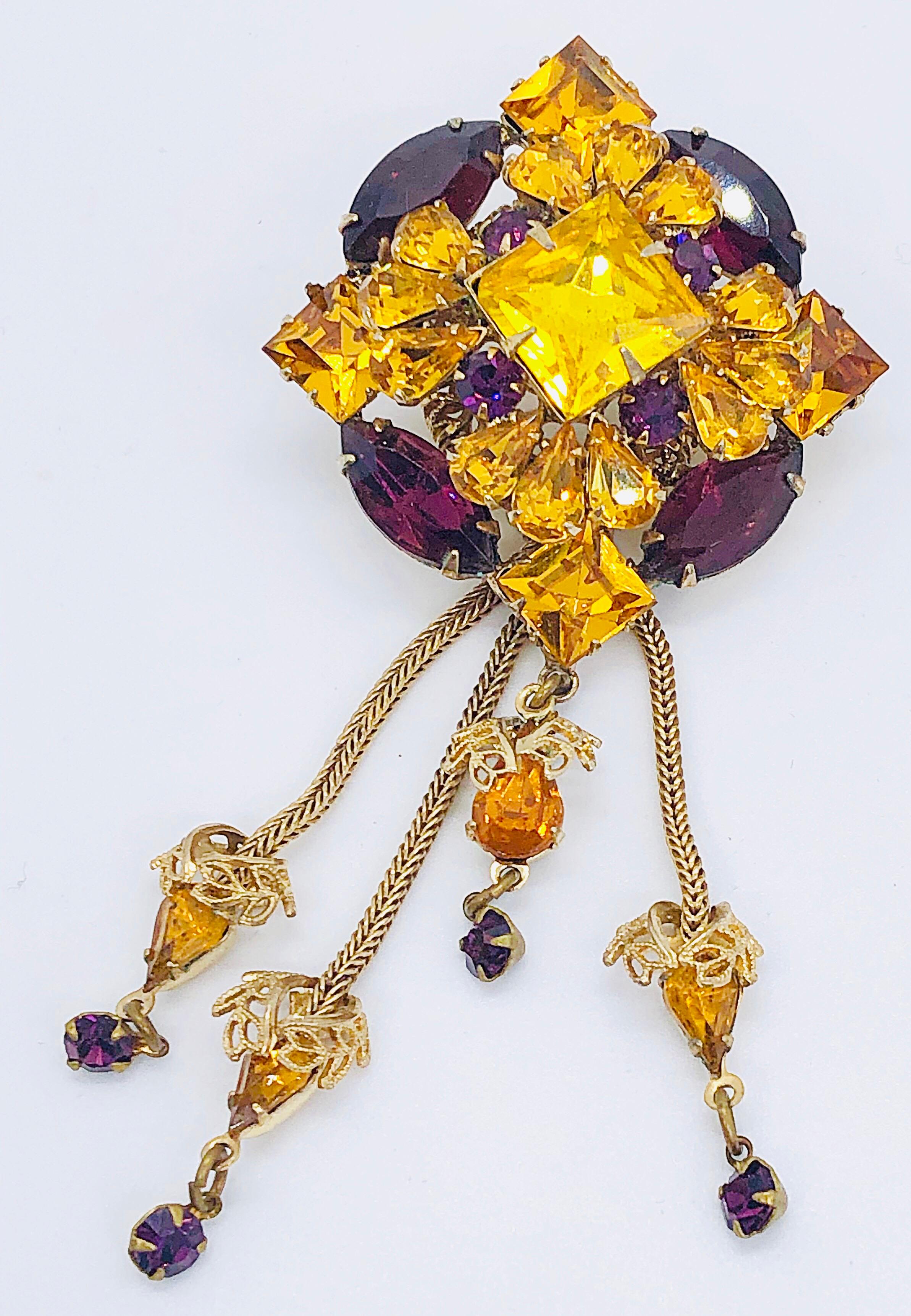 1960s Purple + Yellow Marigold Rhinestone Crystal Doorknocker Tassel Brooch Pin In Excellent Condition For Sale In San Diego, CA
