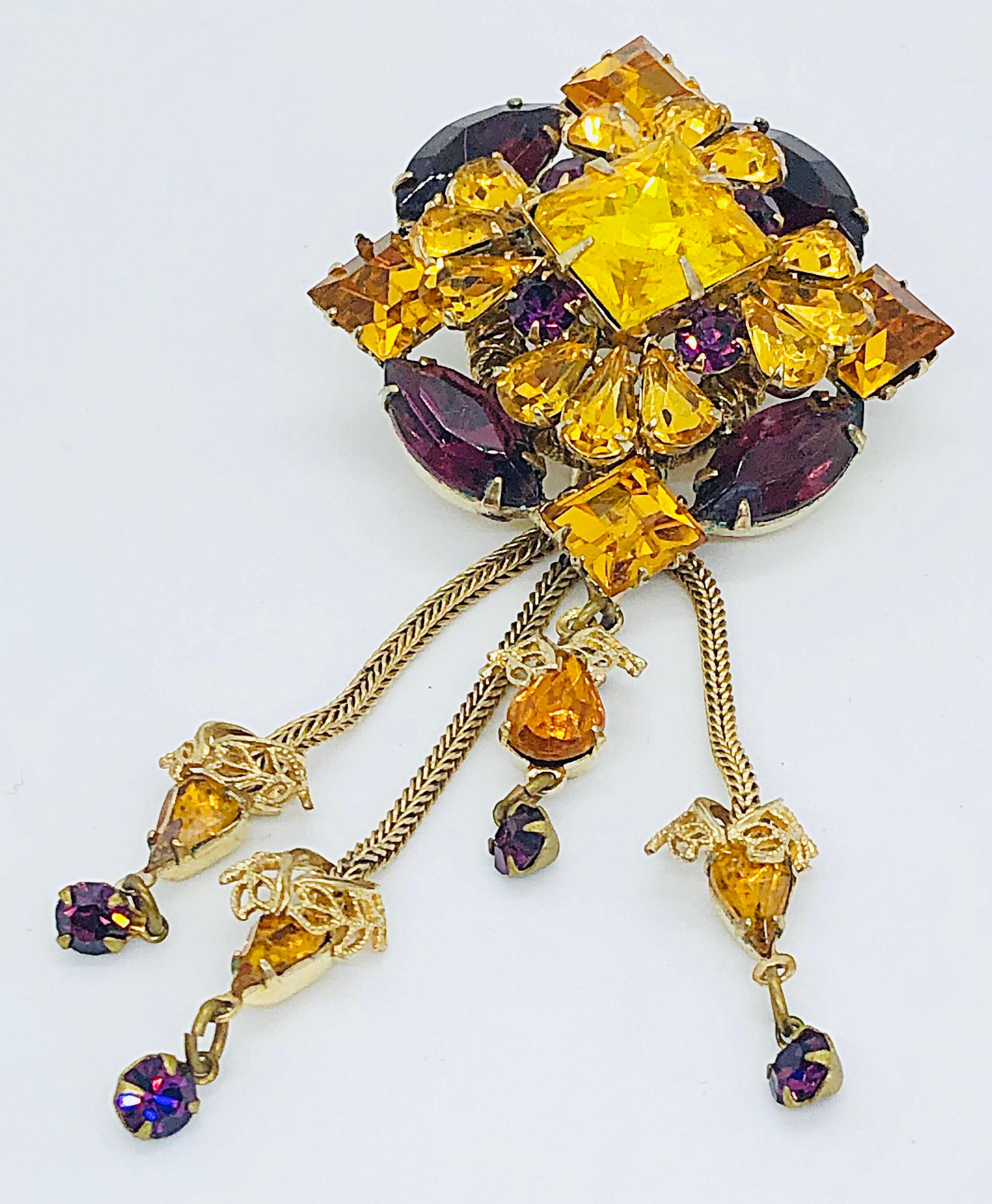 1960s Purple + Yellow Marigold Rhinestone Crystal Doorknocker Tassel Brooch Pin For Sale 2