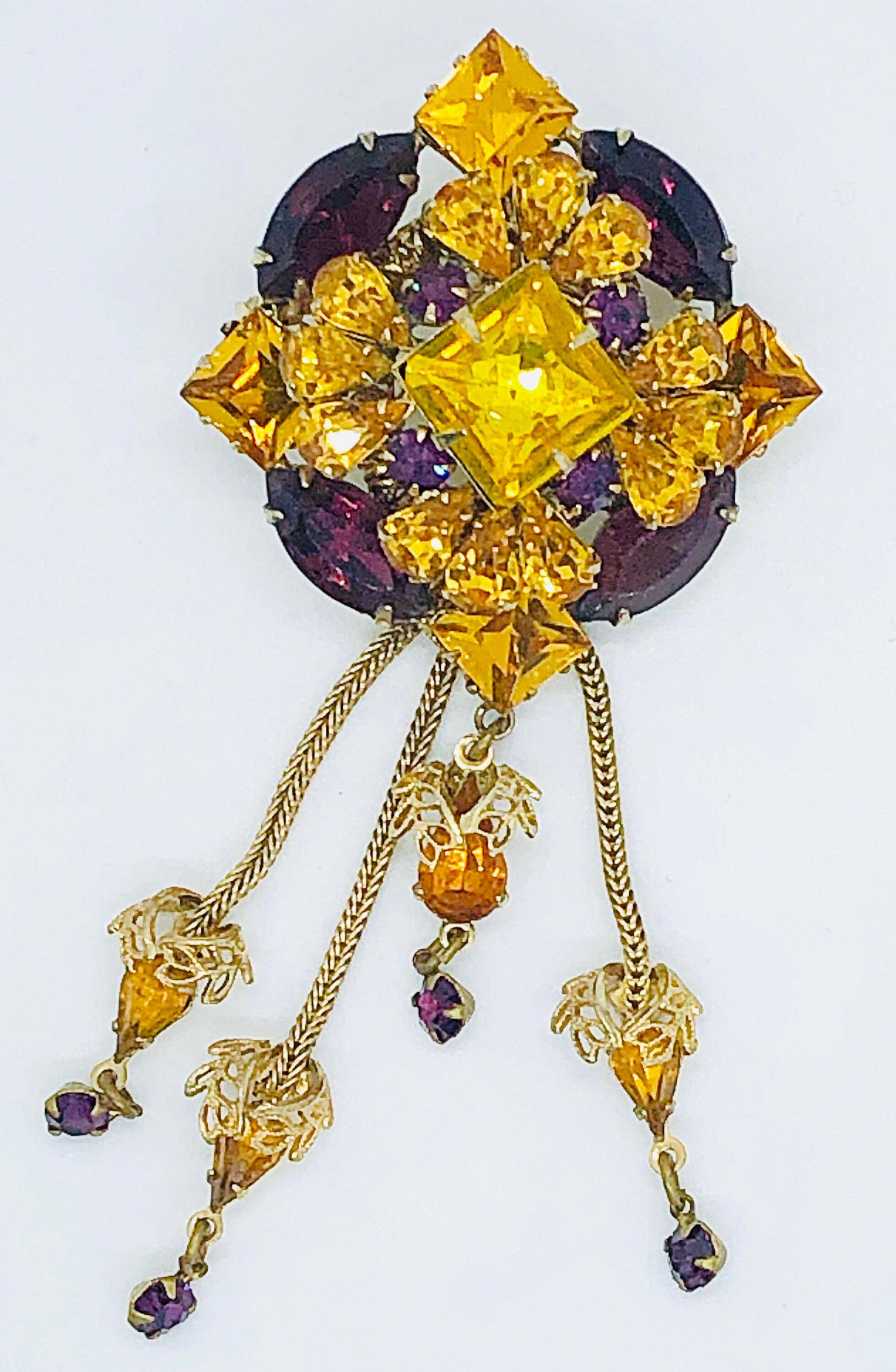 1960s Purple + Yellow Marigold Rhinestone Crystal Doorknocker Tassel Brooch Pin For Sale 3