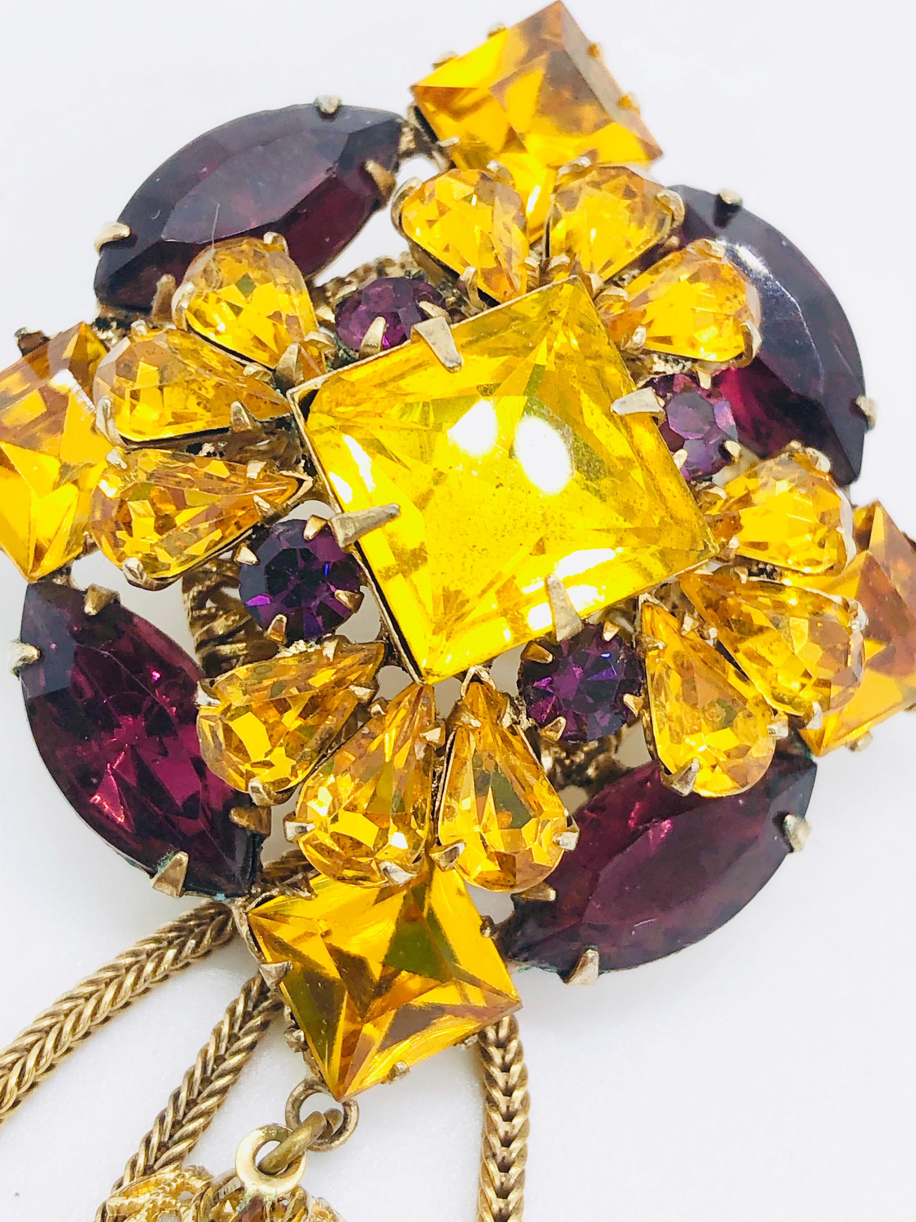 1960s Purple + Yellow Marigold Rhinestone Crystal Doorknocker Tassel Brooch Pin For Sale 2