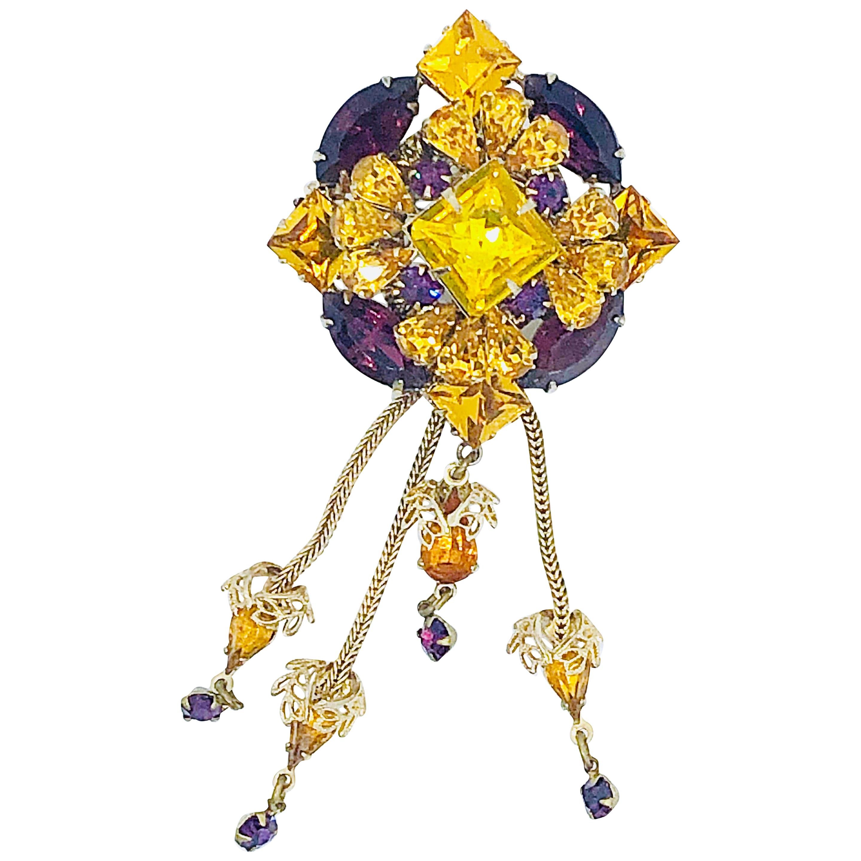 1960s Purple + Yellow Marigold Rhinestone Crystal Doorknocker Tassel Brooch Pin For Sale