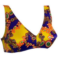 Top da bagno bikini con stampa psichedelica Mod Paisley degli anni '60 in viola, giallo e arancione