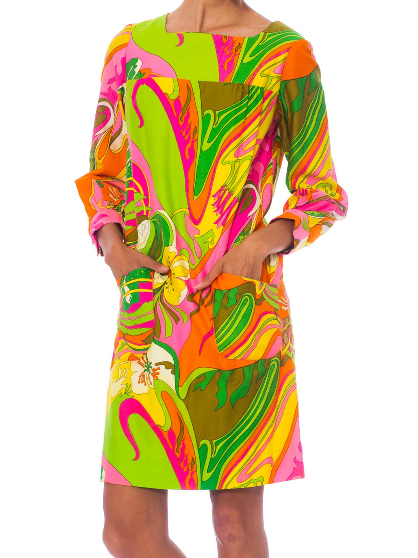 Orange 1960'S Pyschedelic Floral Cotton Long Sleeve Mod Dress With Pockets For Sale